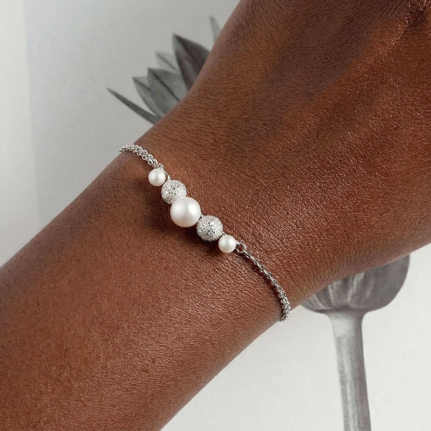 Pave Freshwater Pearl Double Chain Bracelet - Silver