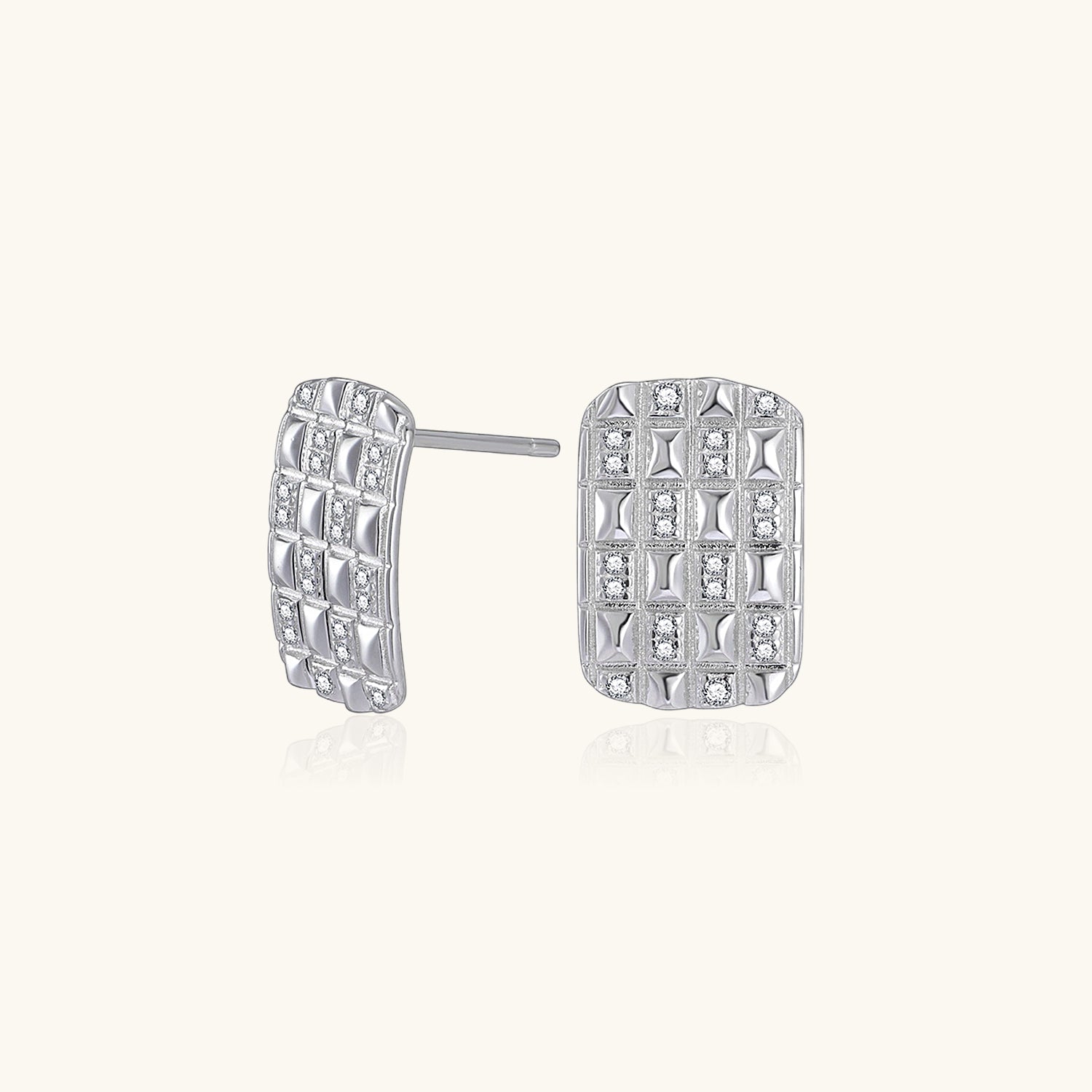 Pave Hammered Rectangle Bar Stud Earrings - Silver
