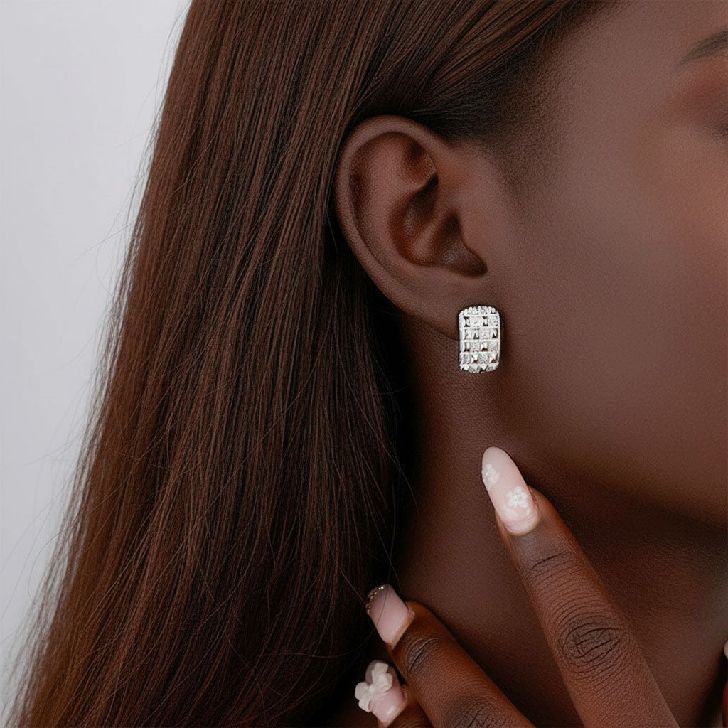 Pave Hammered Rectangle Bar Stud Earrings - Silver