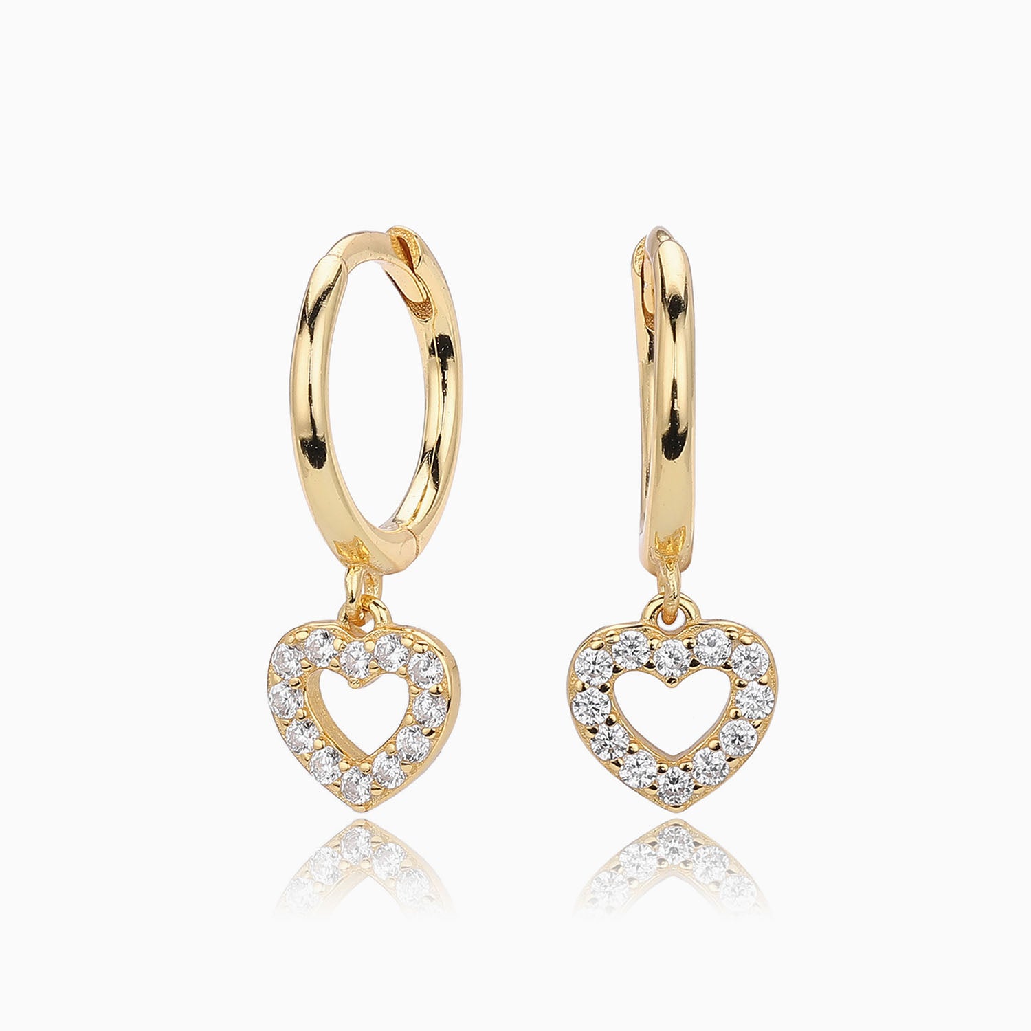 Pave Heart Drop Huggie Hoop Earrings - Gold