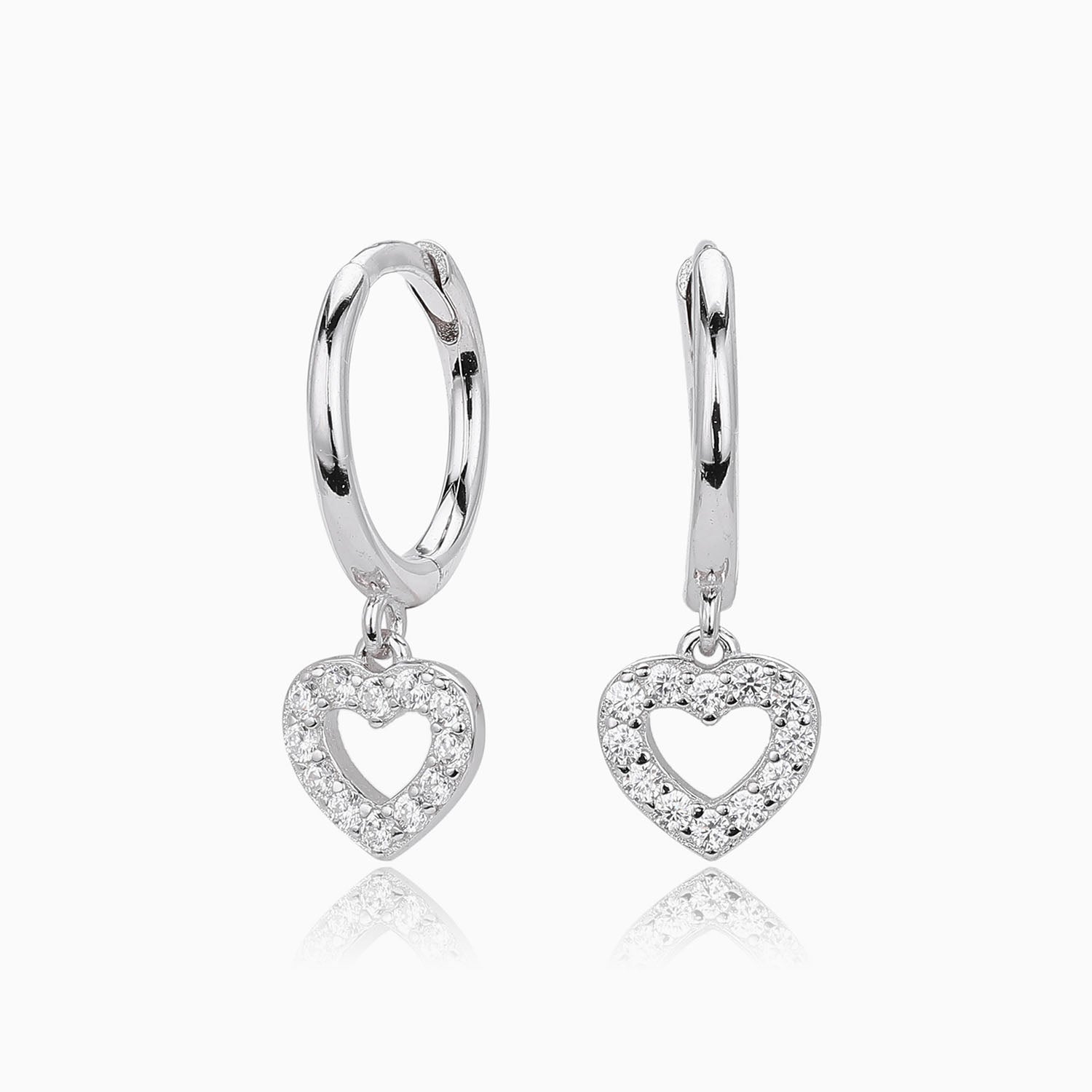 Pave Heart Drop Huggie Hoop Earrings - Silver