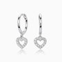 Pave Heart Drop Huggie Hoop Earrings - Silver