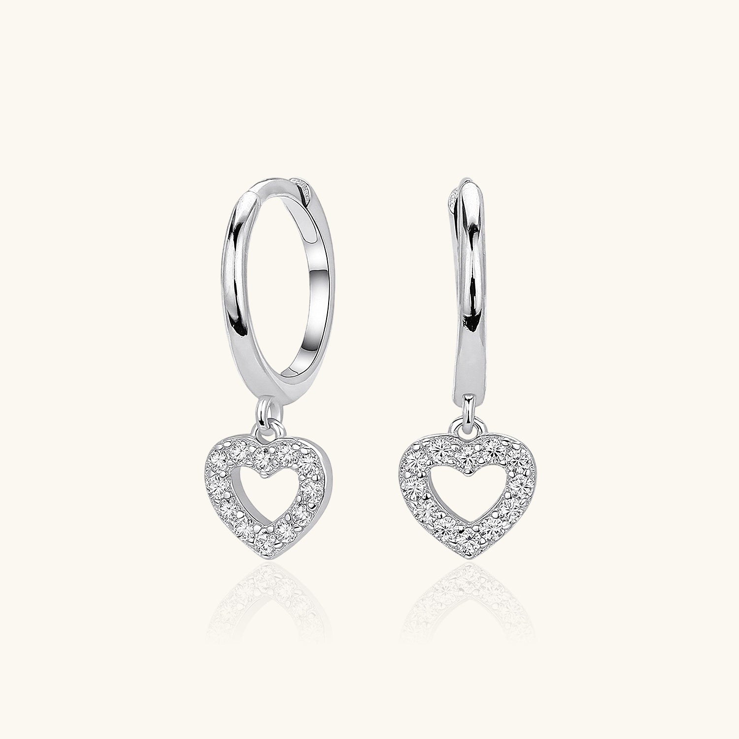 Pave Heart Drop Huggie Hoop Earrings - Silver