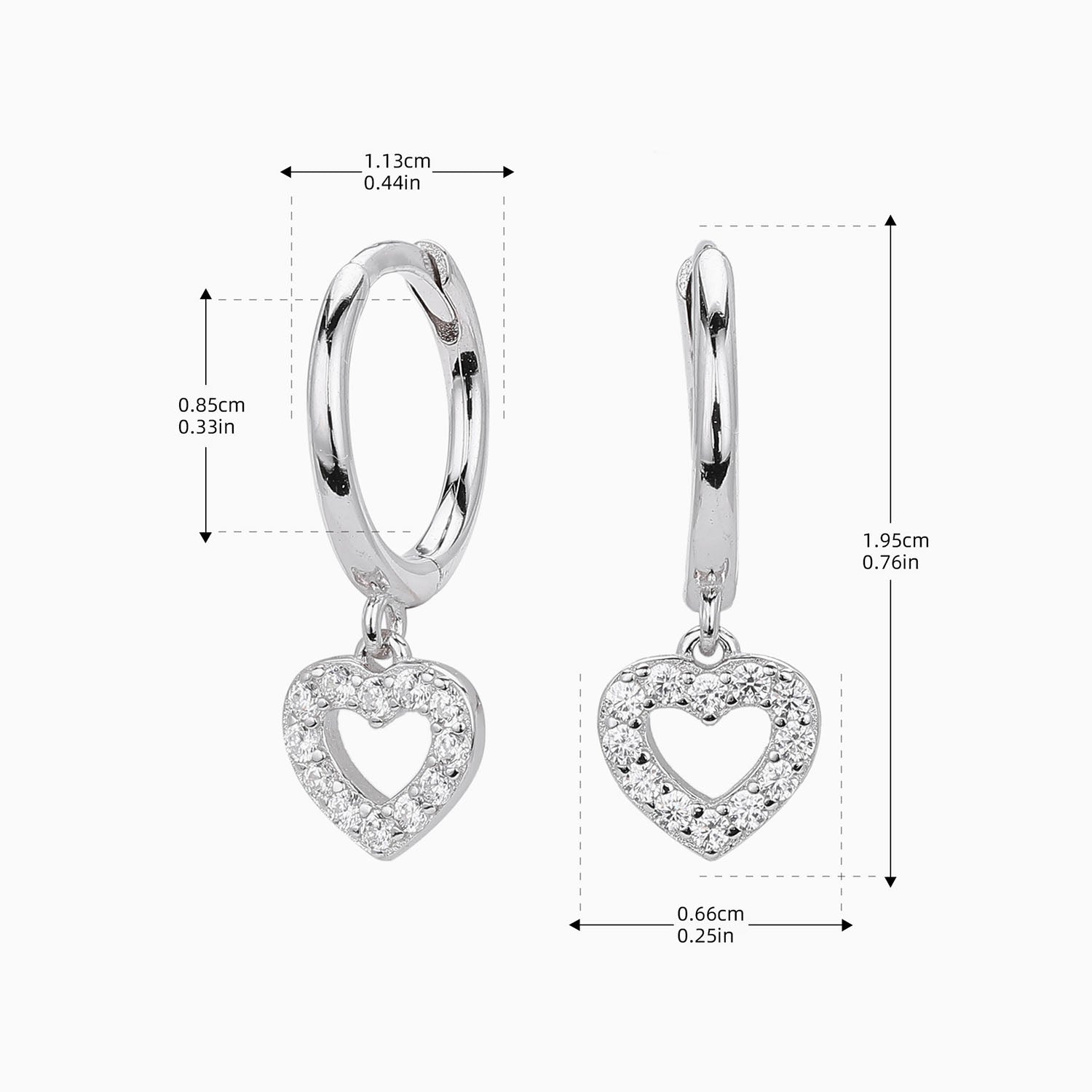 Pave Heart Drop Huggie Hoop Earrings - Silver