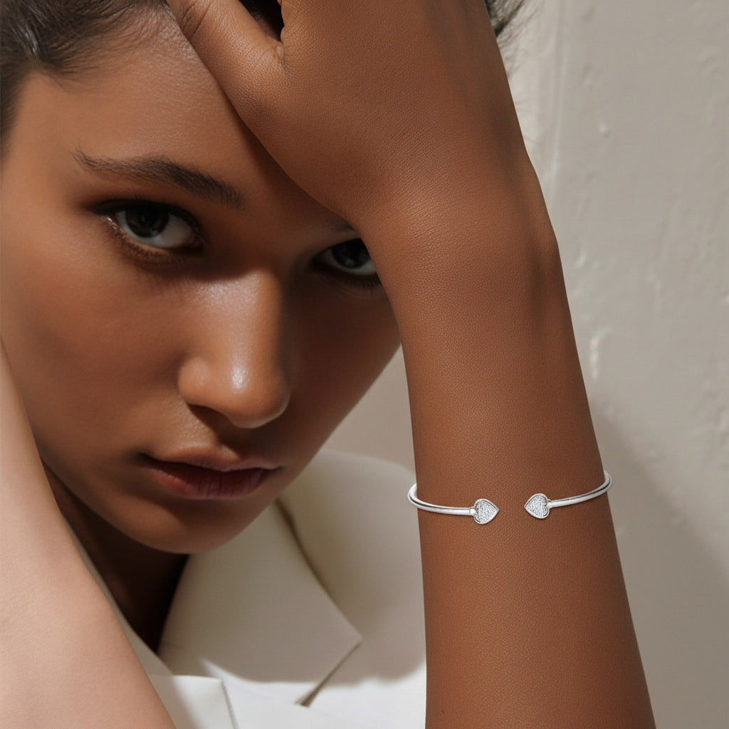 Pave Heart Moissanite Cuff Bracelet - Silver