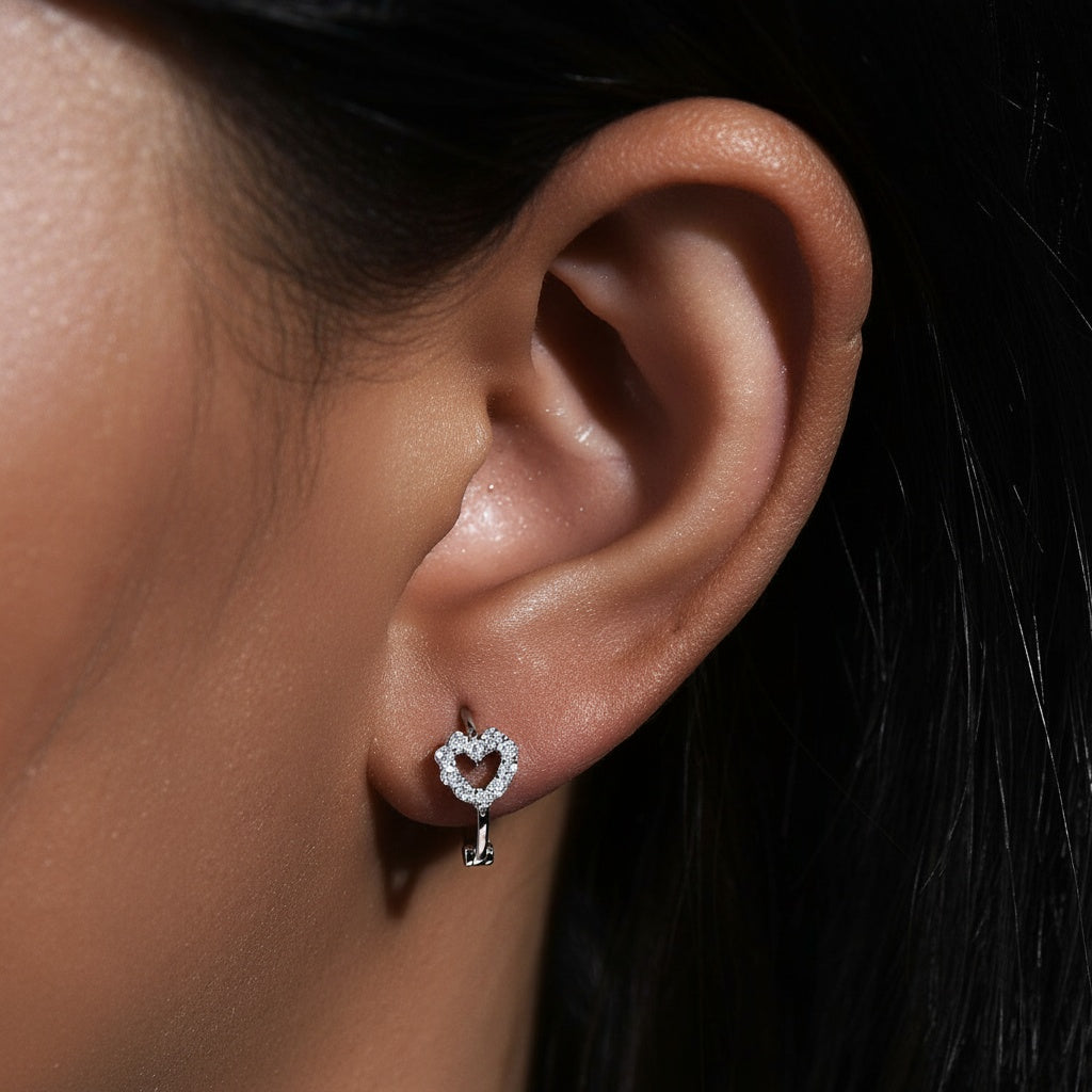 Pave Heart Moissanite Hoop Earrings - Silver