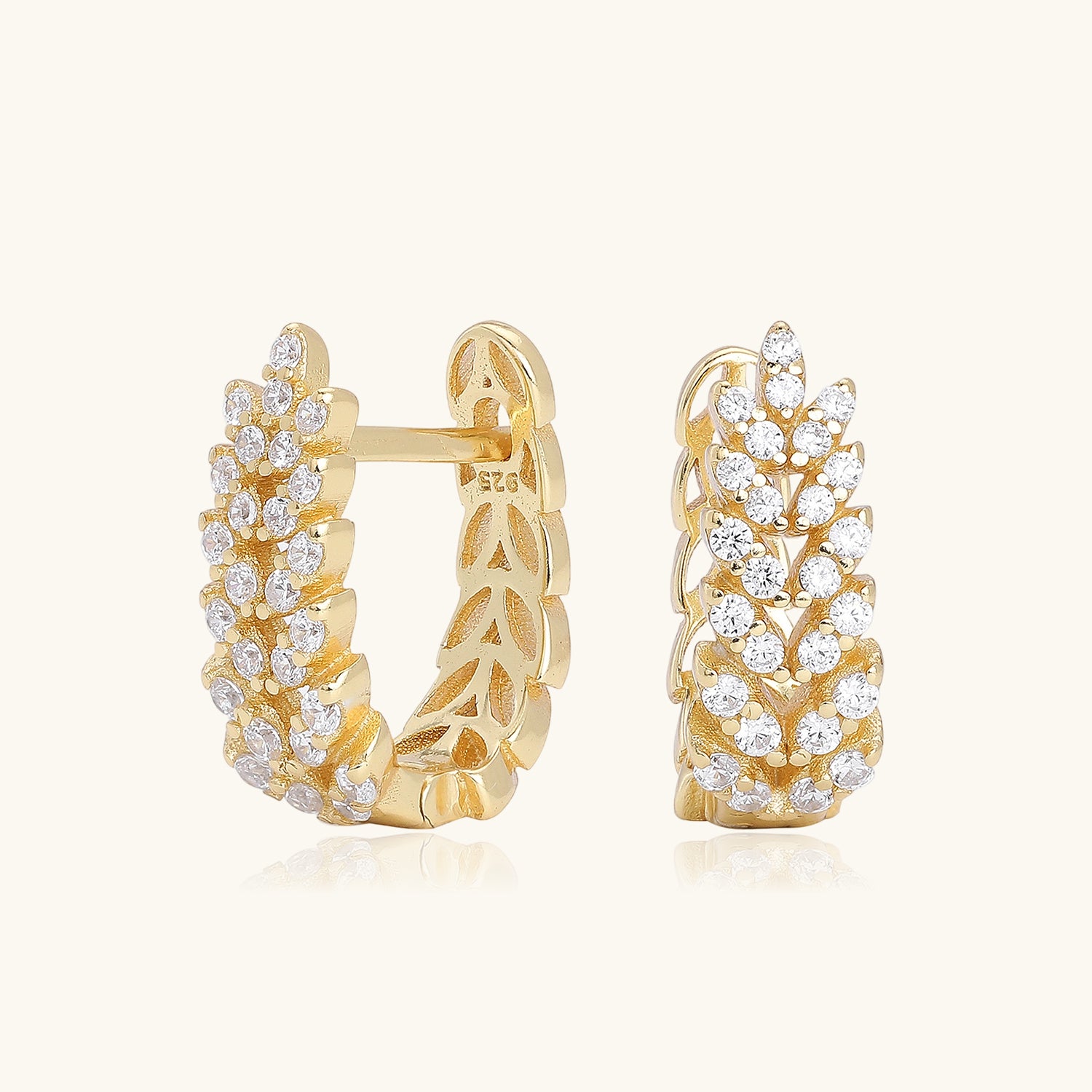 Pave Leaf Branch Huggie Hoop Earrings - Gold