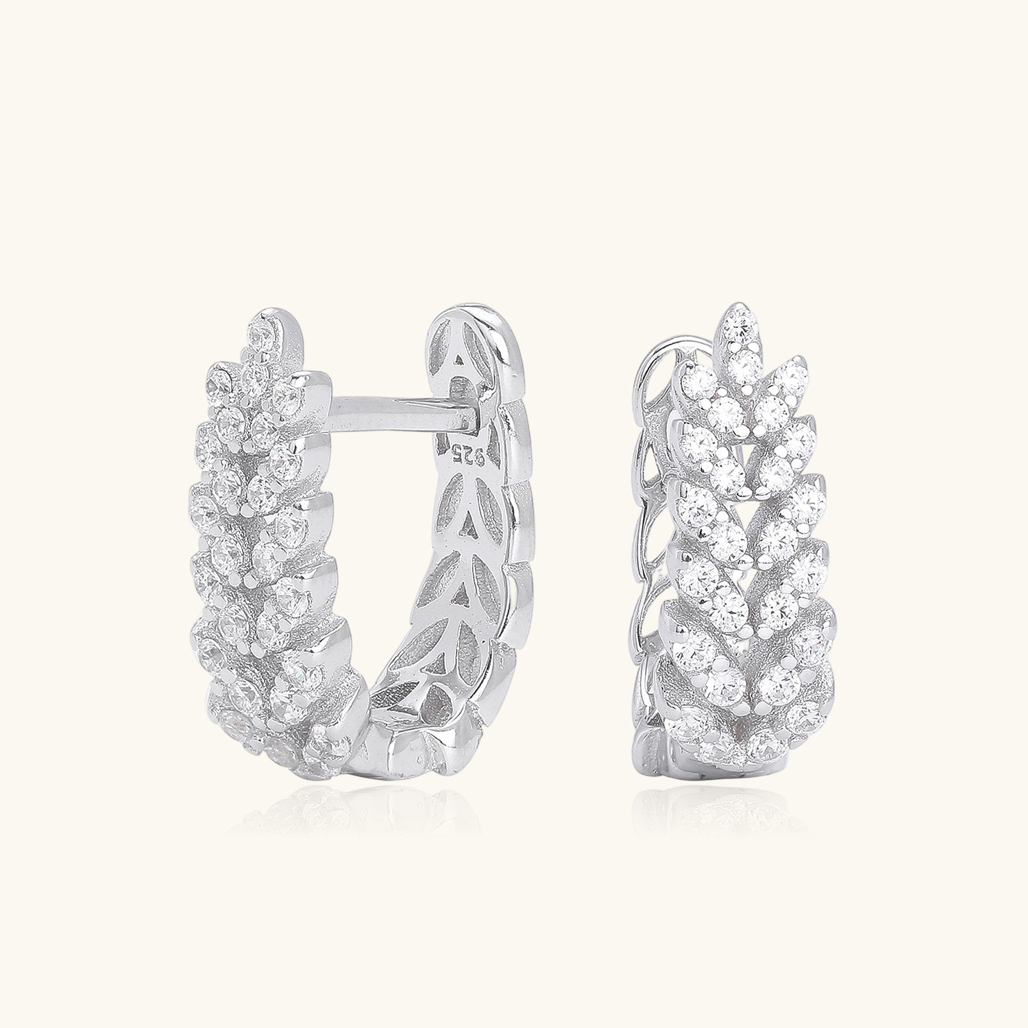 Pave Leaf Branch Huggie Hoop Earrings - Silver