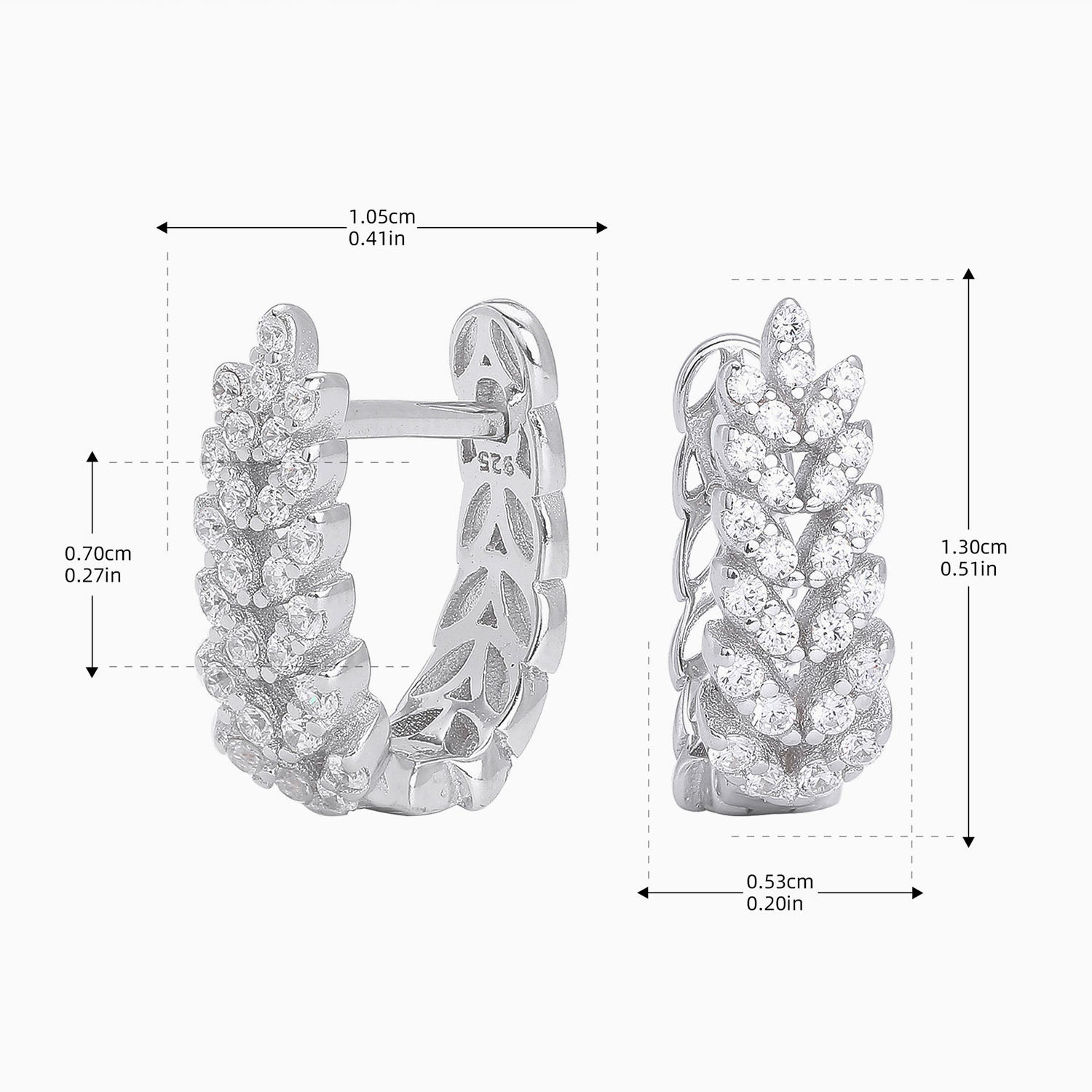 Pave Leaf Branch Huggie Hoop Earrings - Silver