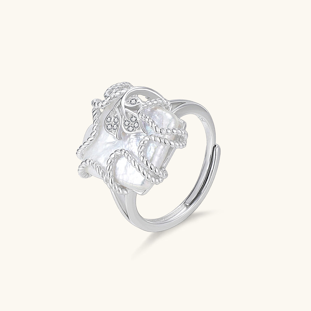 Pave Leaf Freshwater Baroque Pearl Ring