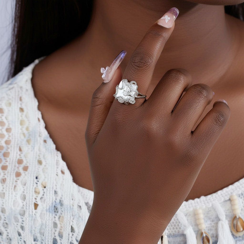 Pave Leaf Freshwater Baroque Pearl Ring