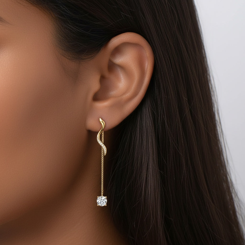 Pave Linear Chain Drop Moissanite Earrings - Gold