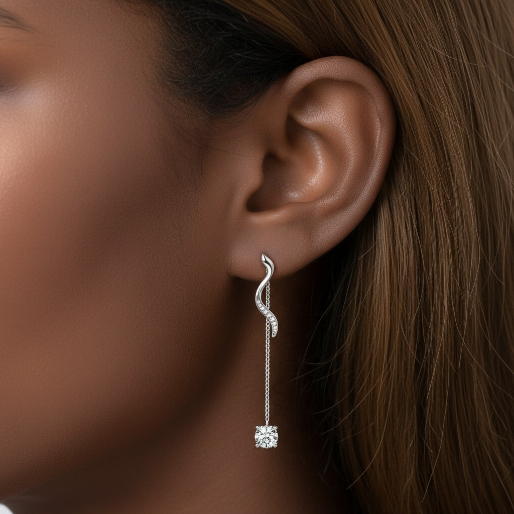 Pave Linear Chain Drop Moissanite Earrings - Silver