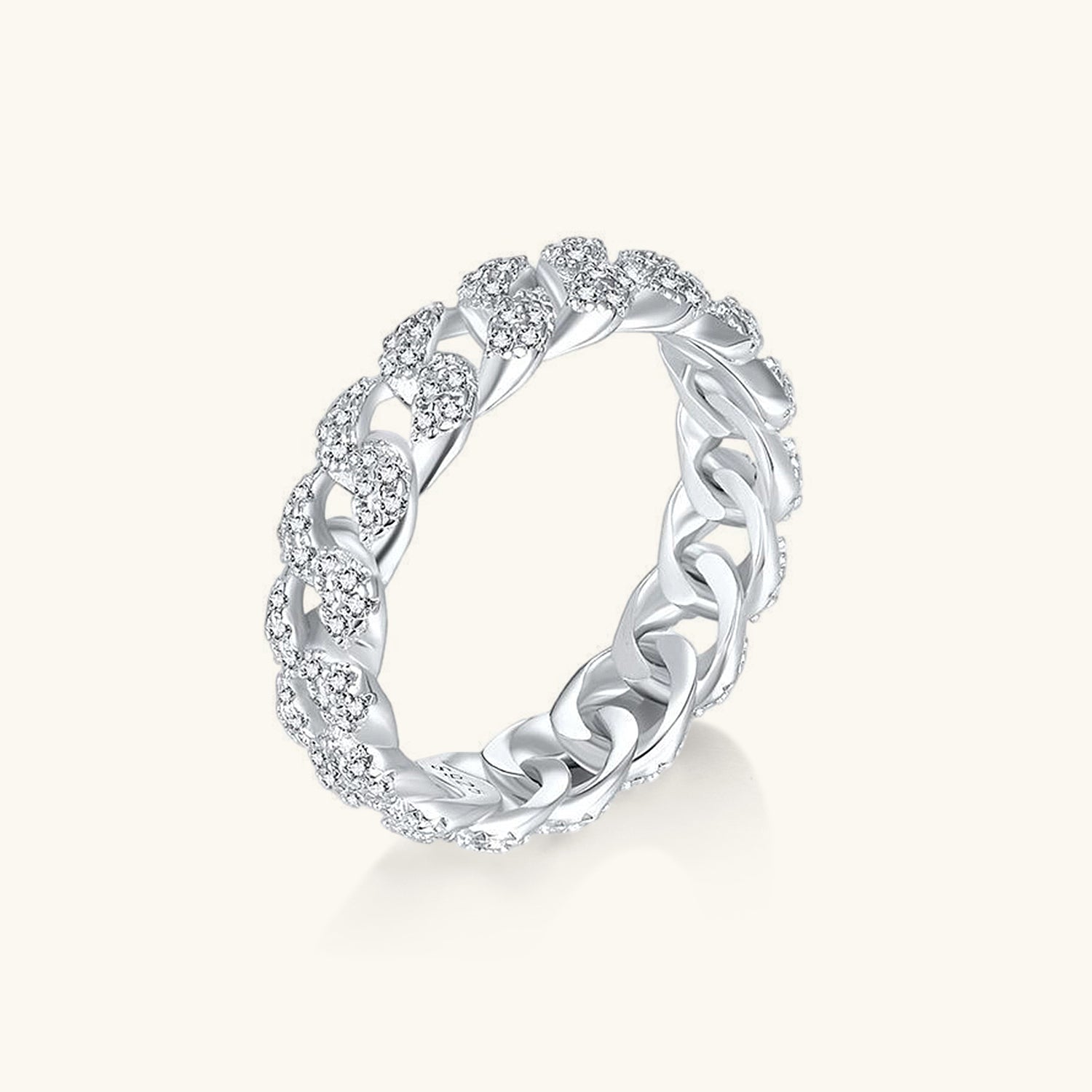 Pave Moissanite Eternity Cuban Chain Ring - Silver