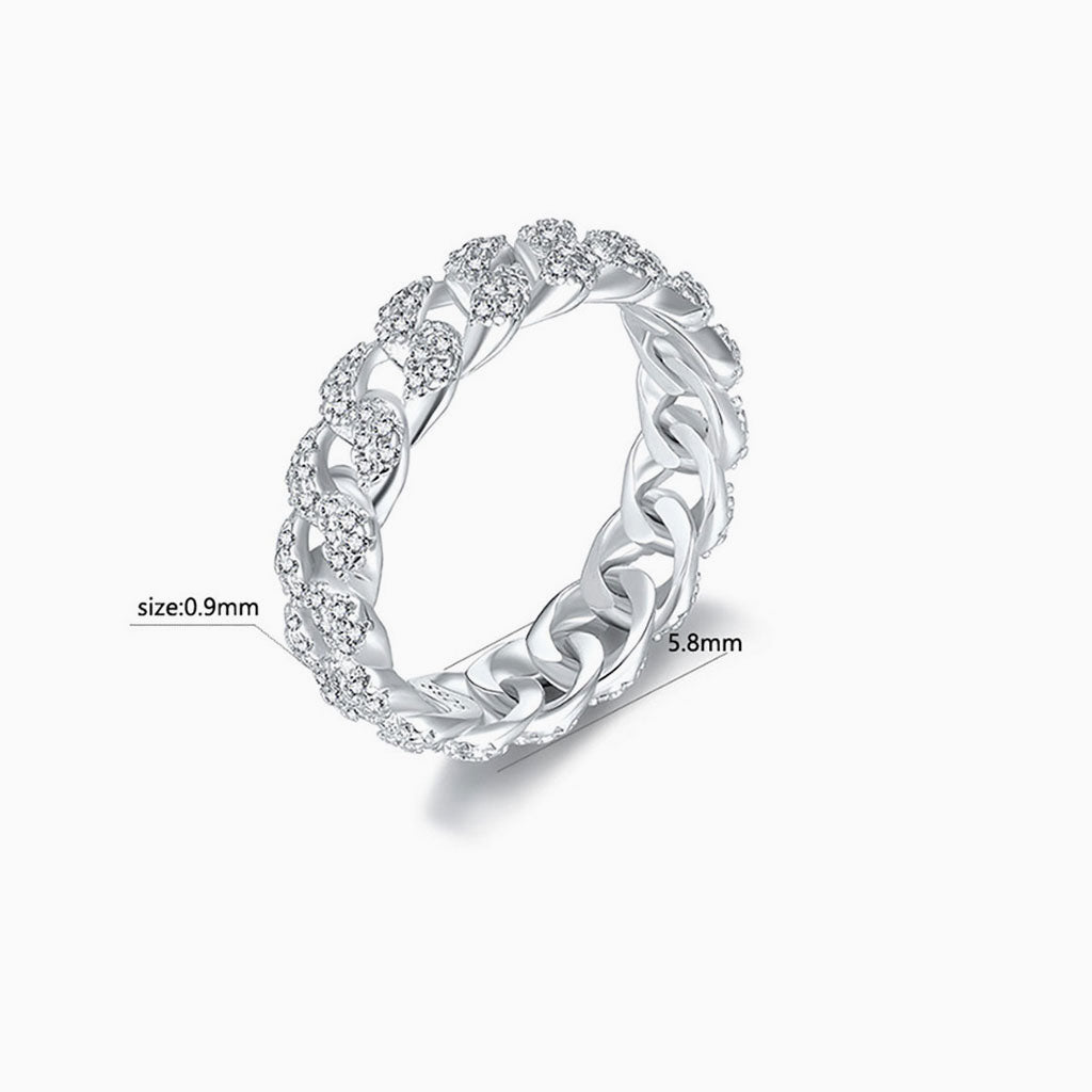 Pave Moissanite Eternity Cuban Chain Ring - Silver