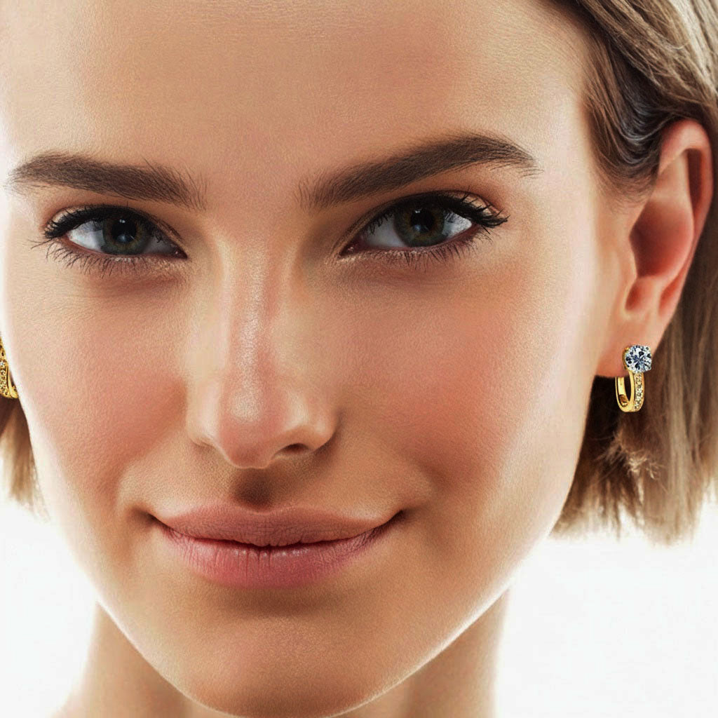 Pave Moissanite U Shape Hoop Earrings - Gold