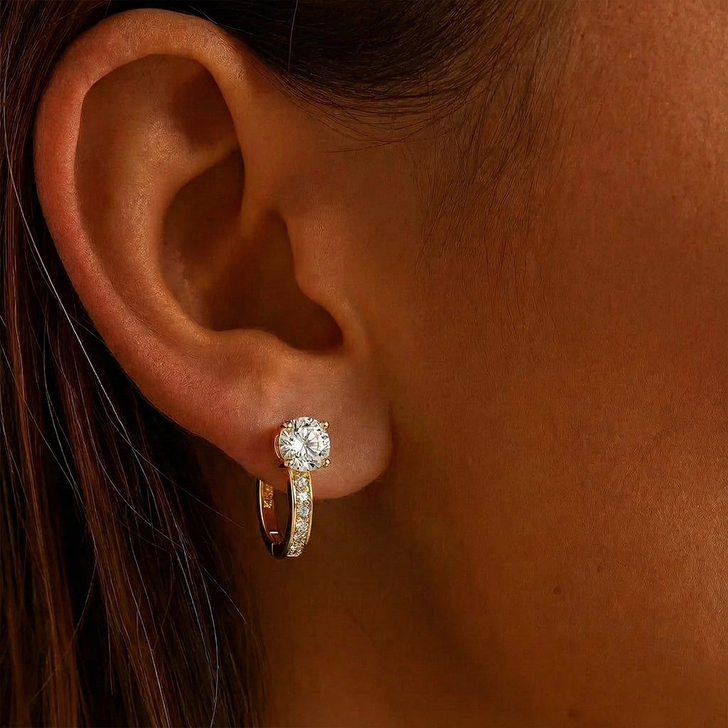 Pave Moissanite U Shape Hoop Earrings - Gold