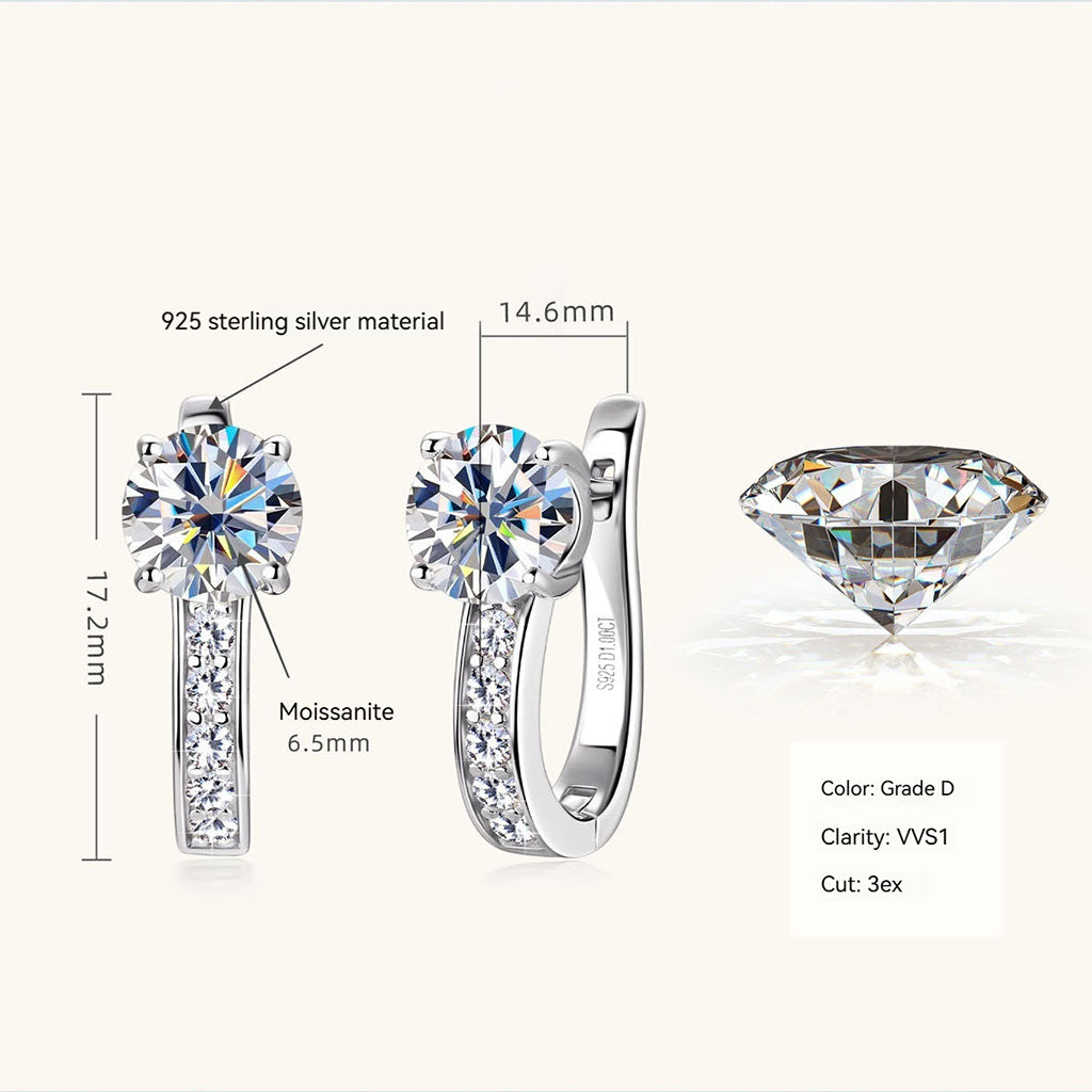 Pave Moissanite U Shape Hoop Earrings - Silver