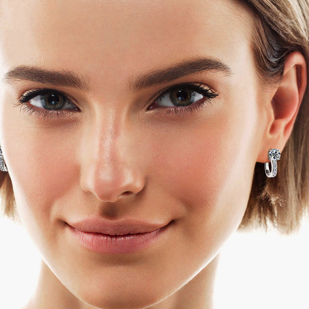 Pave Moissanite U Shape Hoop Earrings - Silver