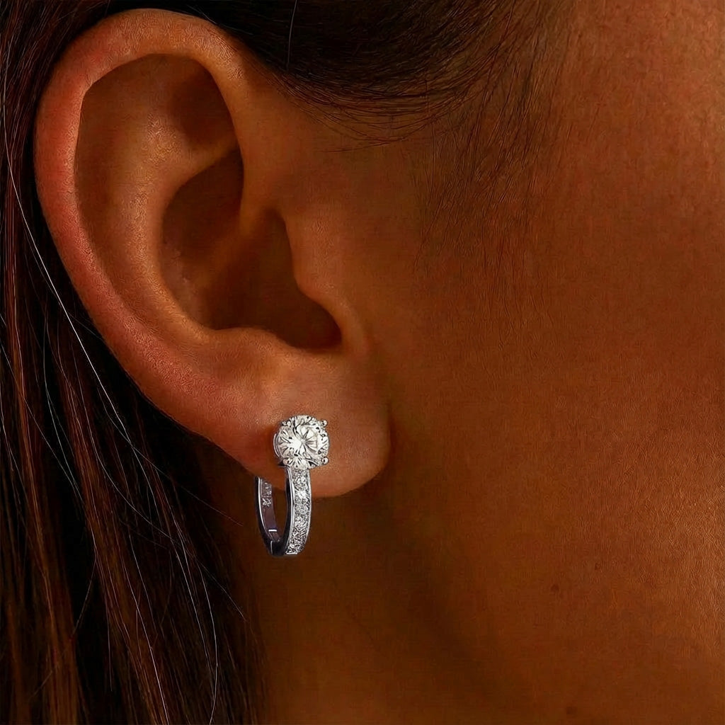 Pave Moissanite U Shape Hoop Earrings - Silver