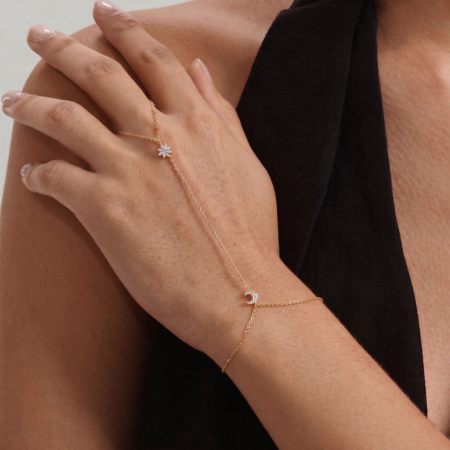 Pave Moon & Star Hand Chain Bracelet - Gold