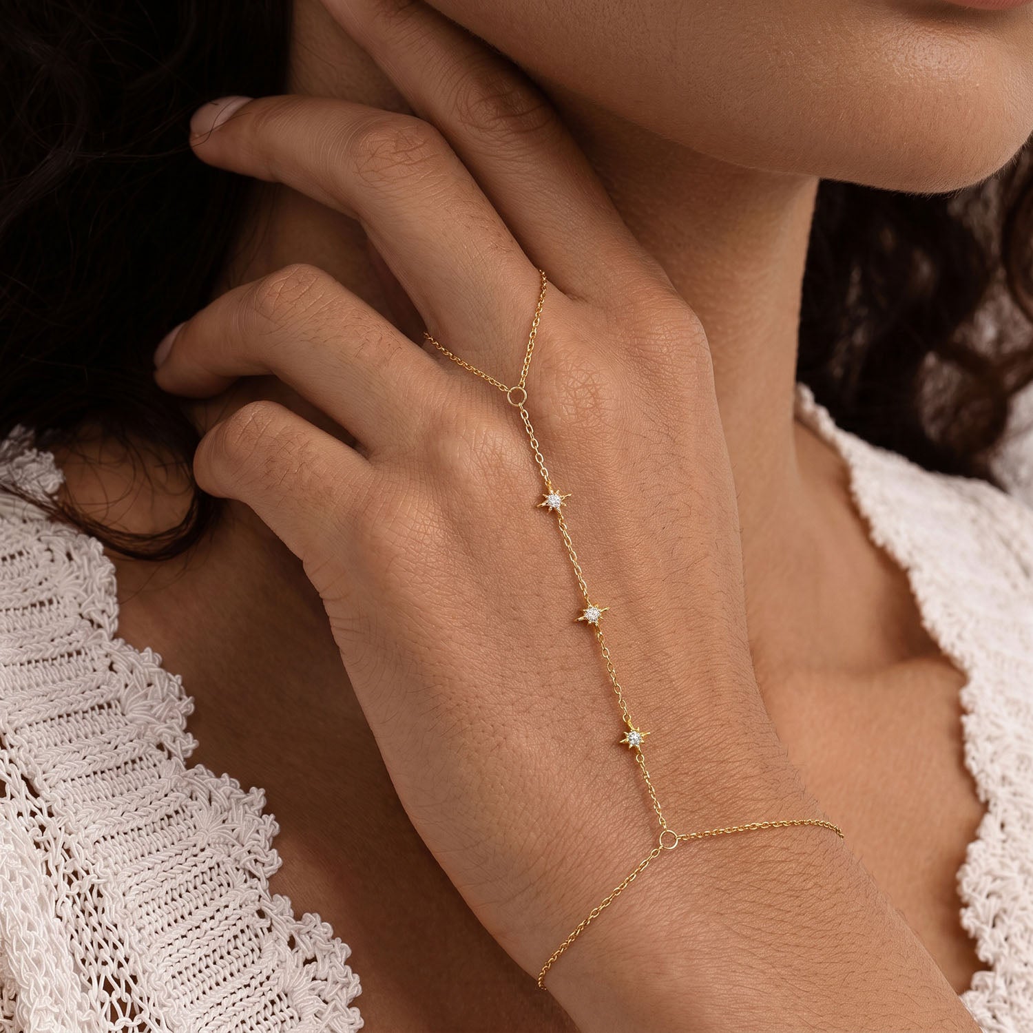 Pave North Star Hand Chain Bracelet - Gold