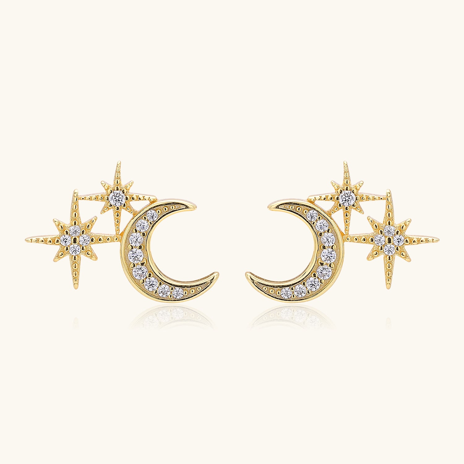 Pave North Star Moon Stud Earrings - Gold