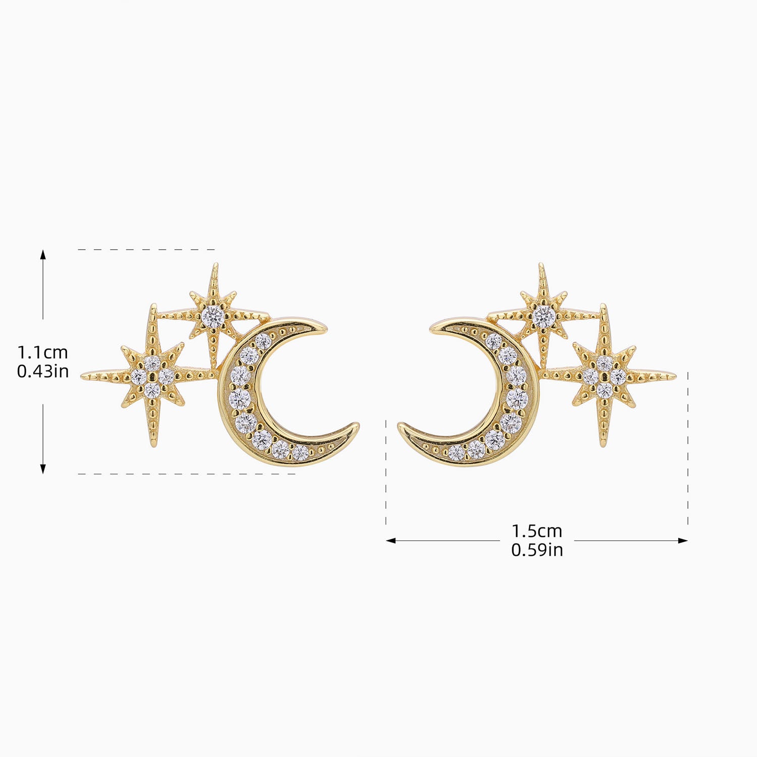 Pave North Star Moon Stud Earrings - Gold