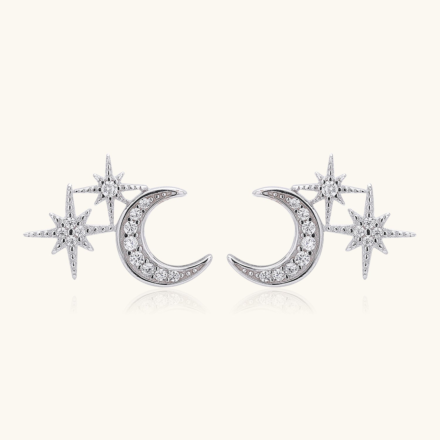 Pave North Star Moon Stud Earrings - Silver