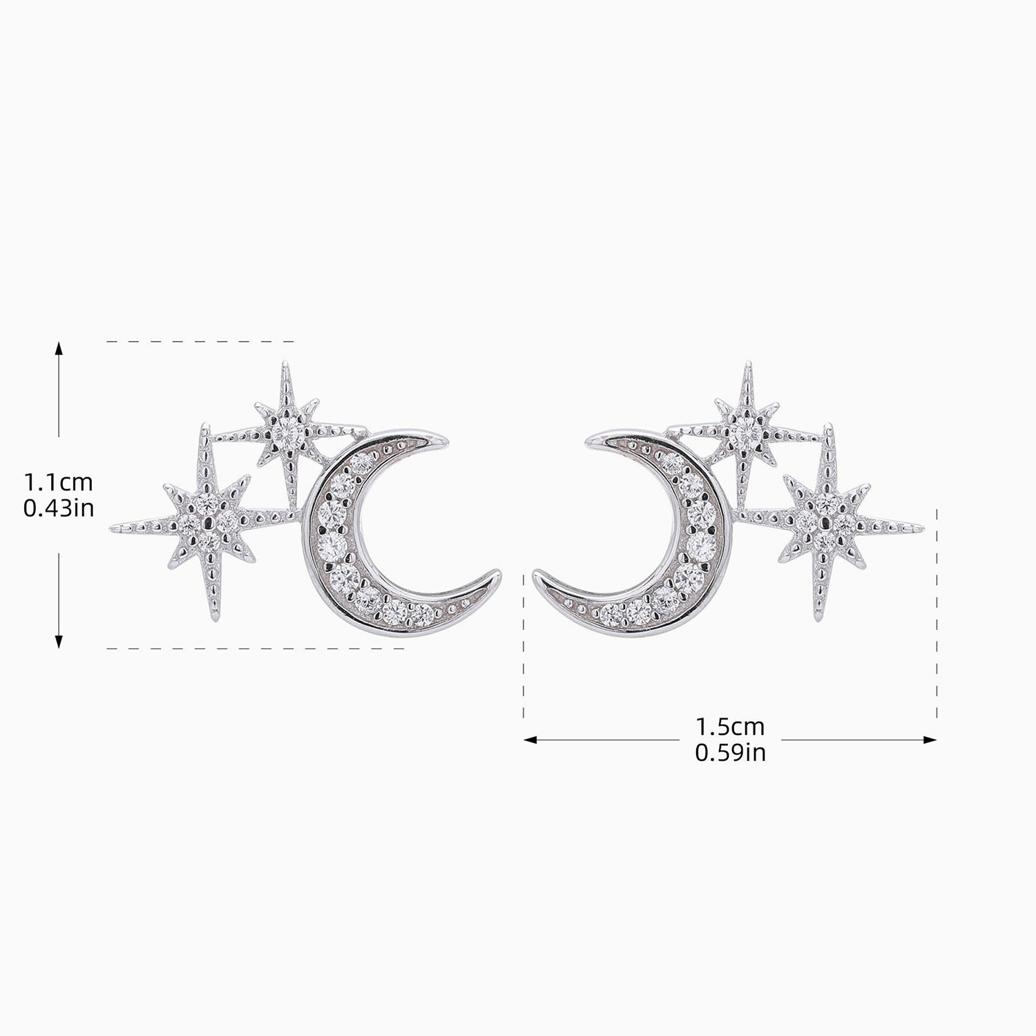 Pave North Star Moon Stud Earrings - Silver