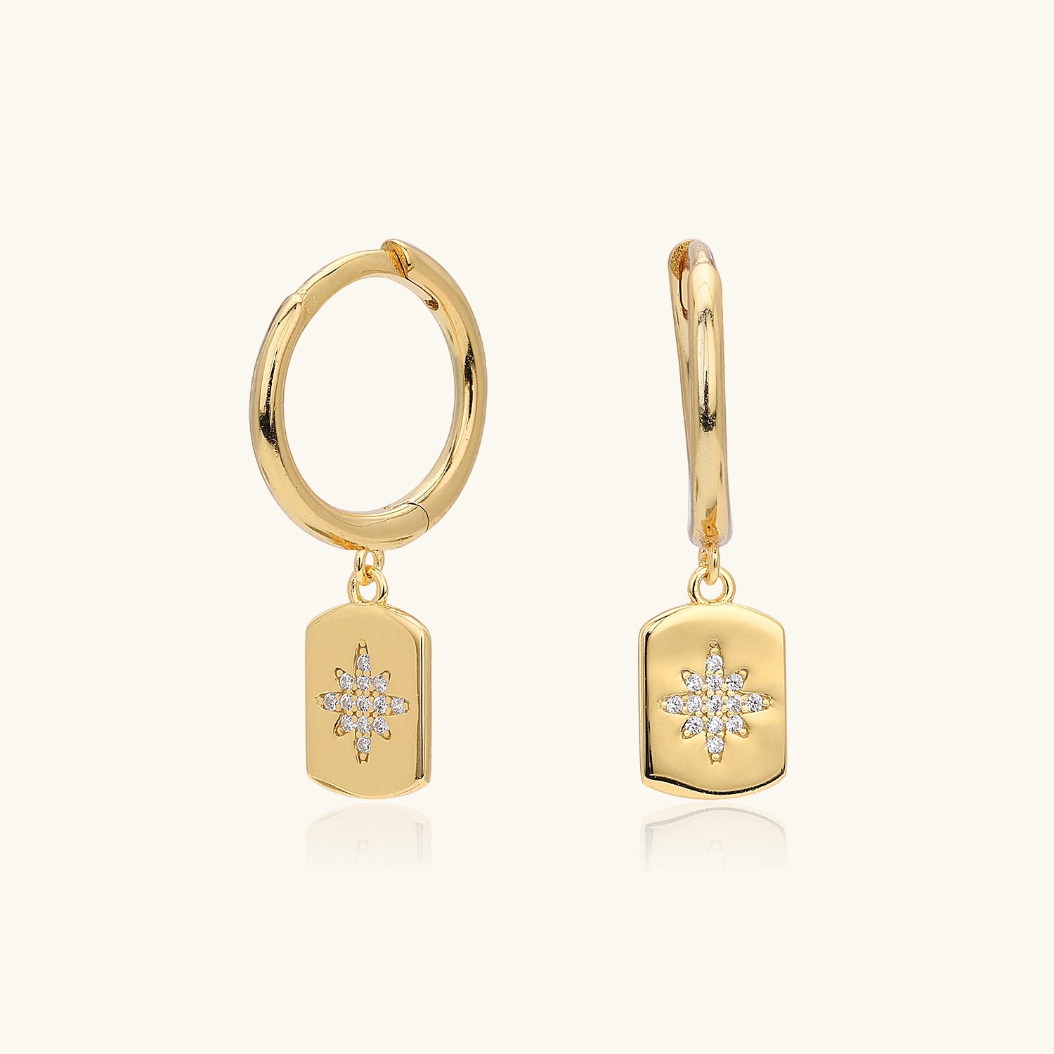 Pave North Star Tag Huggie Hoop Earrings - Gold