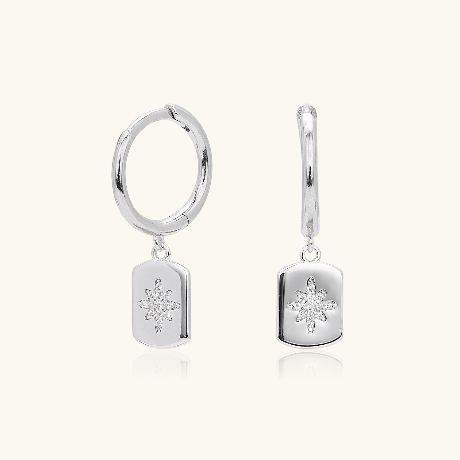 Pave North Star Tag Huggie Hoop Earrings - Silver