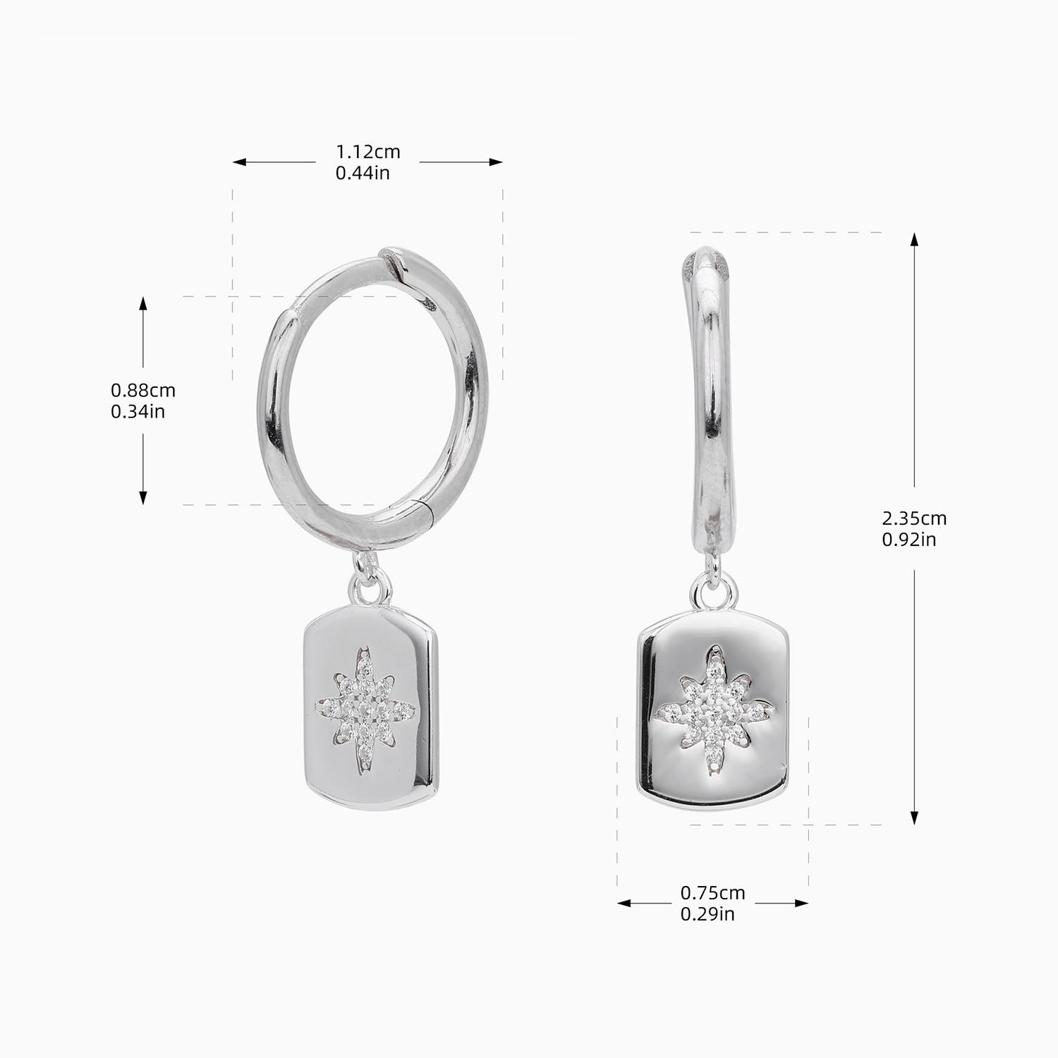 Pave North Star Tag Huggie Hoop Earrings - Silver