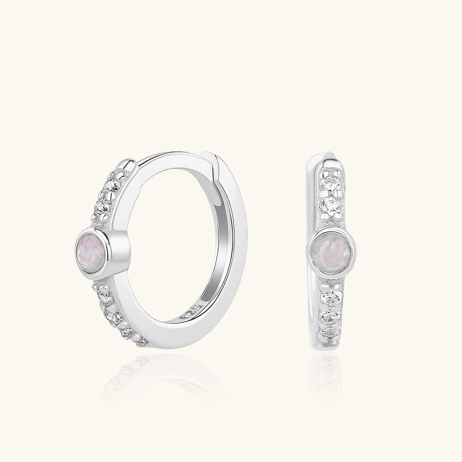 Pave Opal Huggie Hoop Earrings - Silver