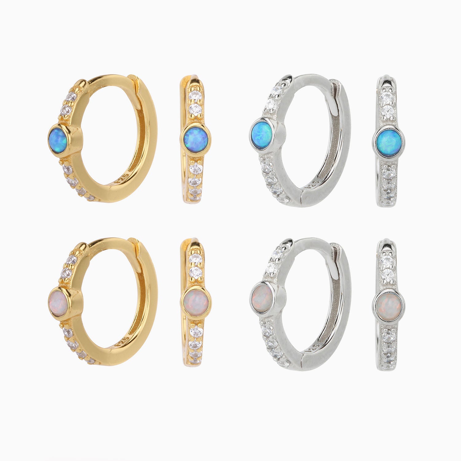 Pave Opal Huggie Hoop Earrings - Silver