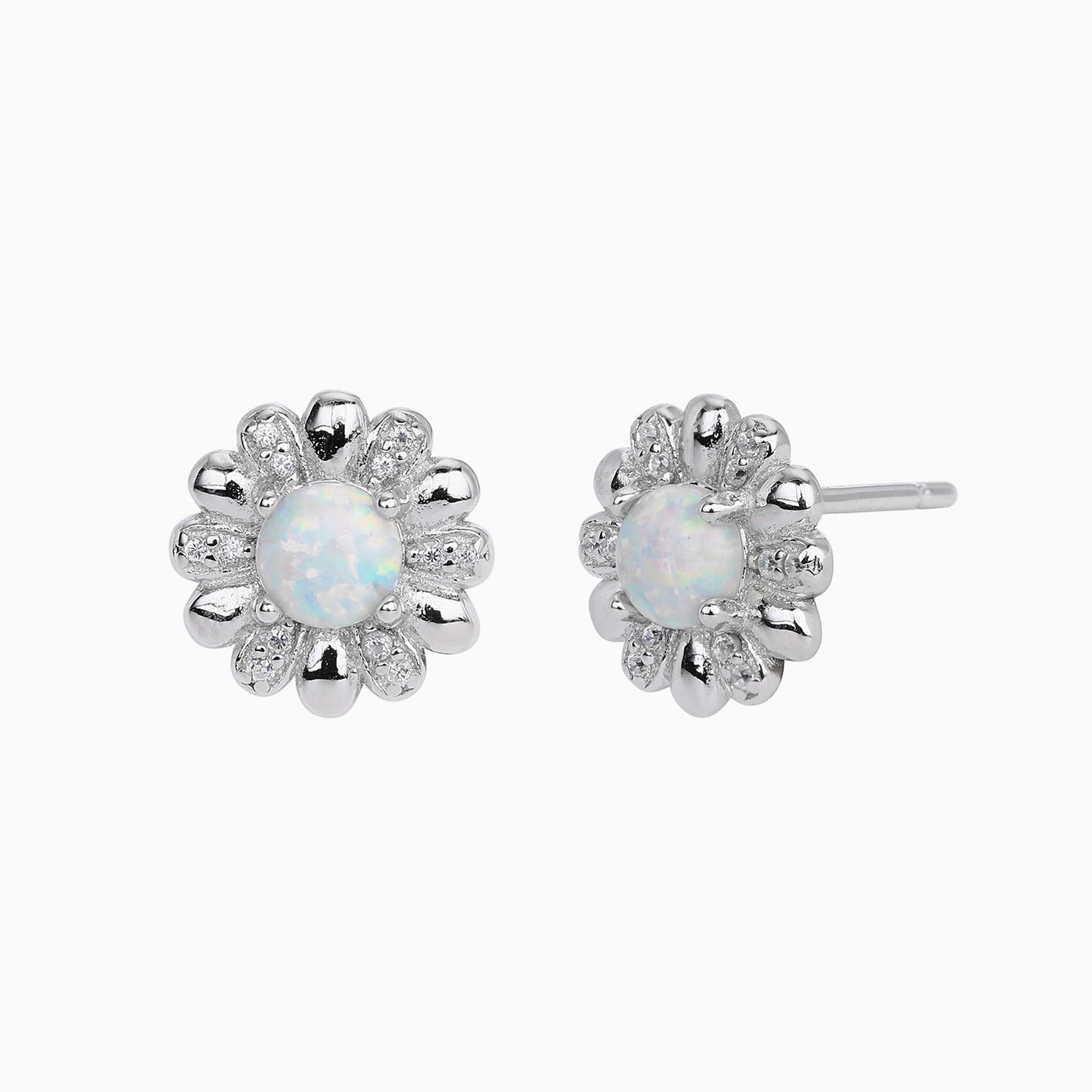Pave Opal Sunflower Stud Earrings - Silver