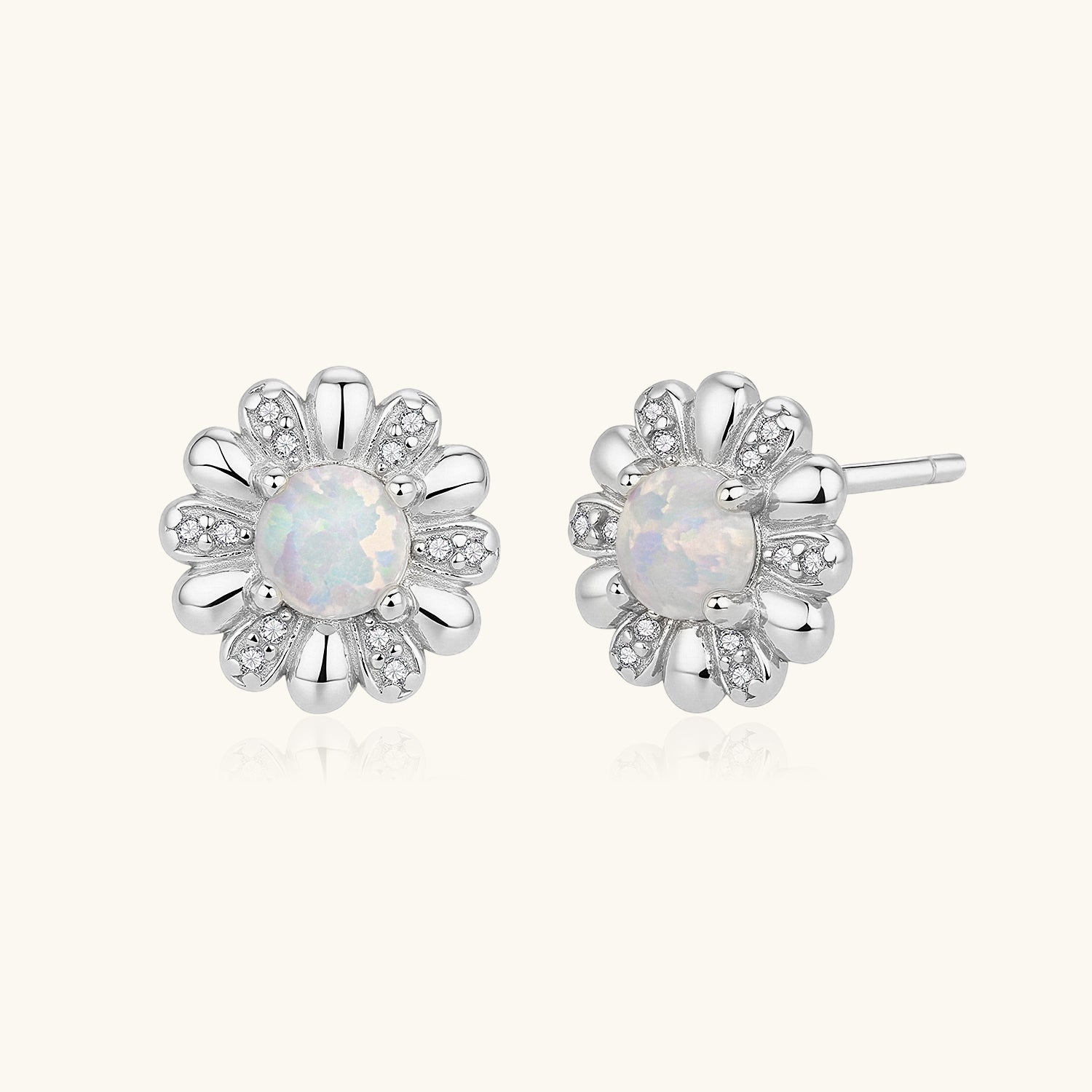 Pave Opal Sunflower Stud Earrings - Silver