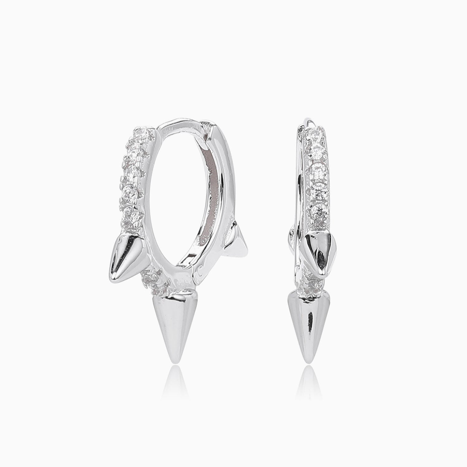 Pave Spike Huggie Hoop Earrings - Silver