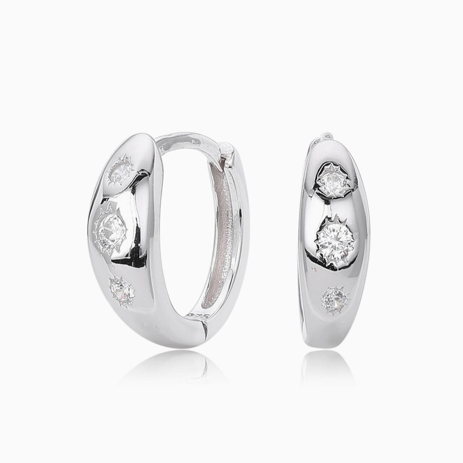 Pave Starburst Dome Huggie Hoop Earrings - Silver