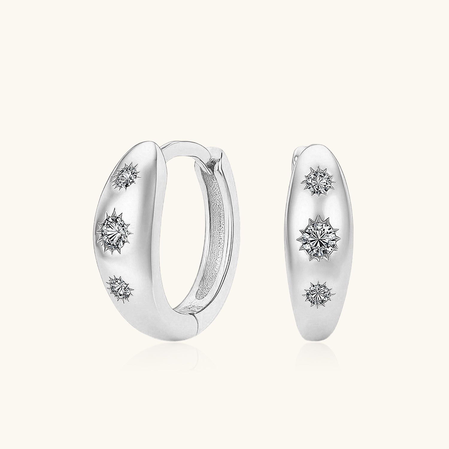 Pave Starburst Dome Huggie Hoop Earrings - Silver