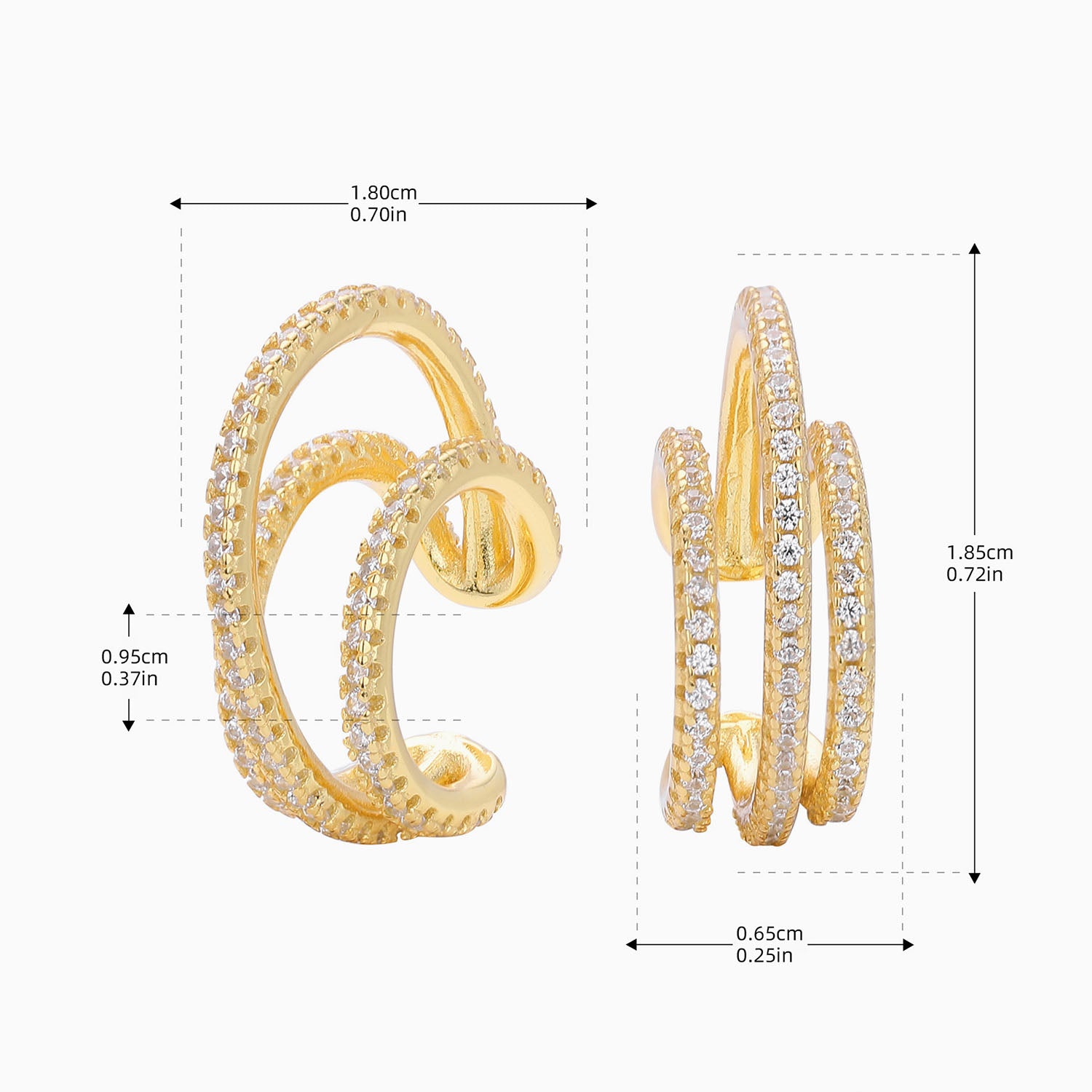 Pave Triple Row Ear Cuff Earrings - Gold