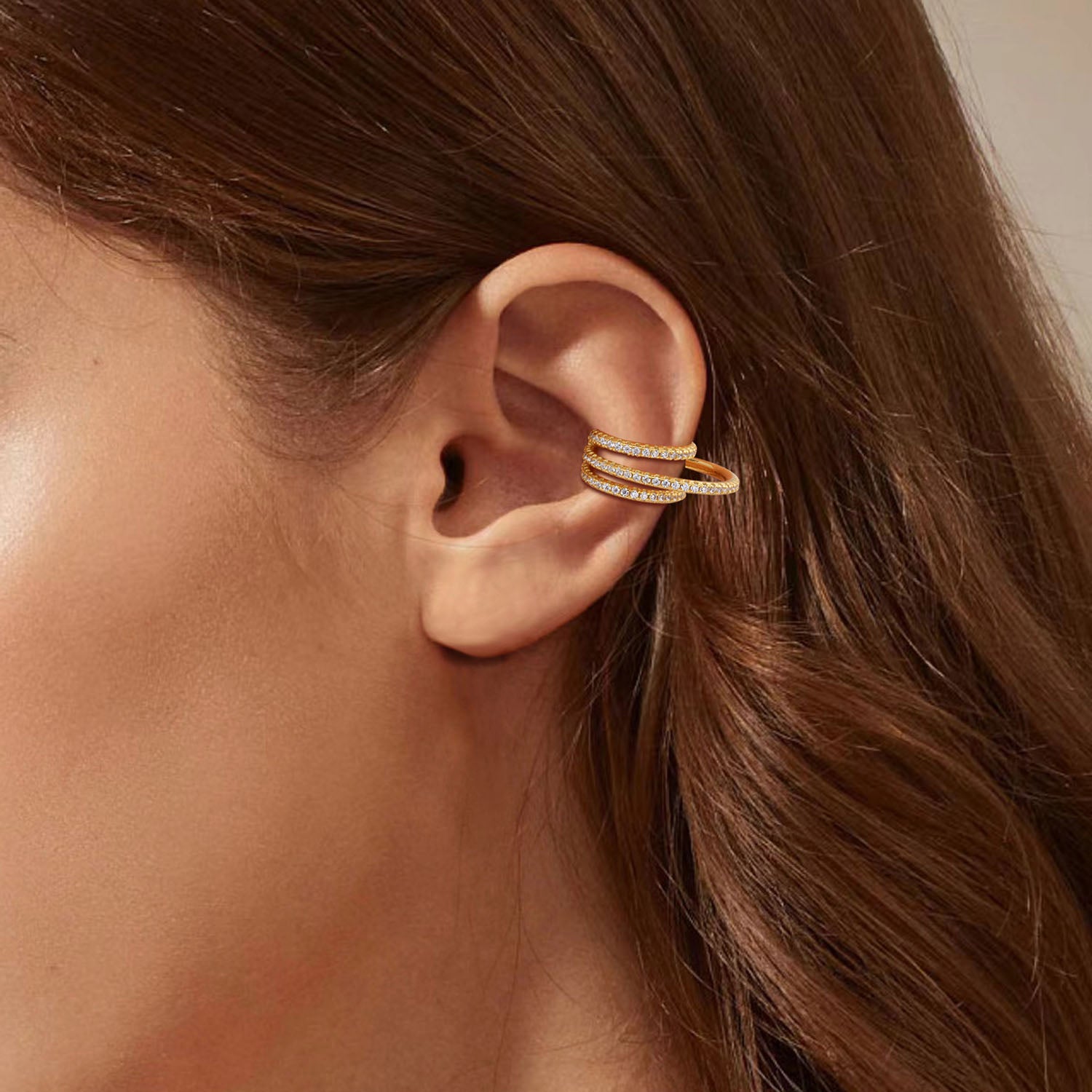 Pave Triple Row Ear Cuff Earrings - Gold