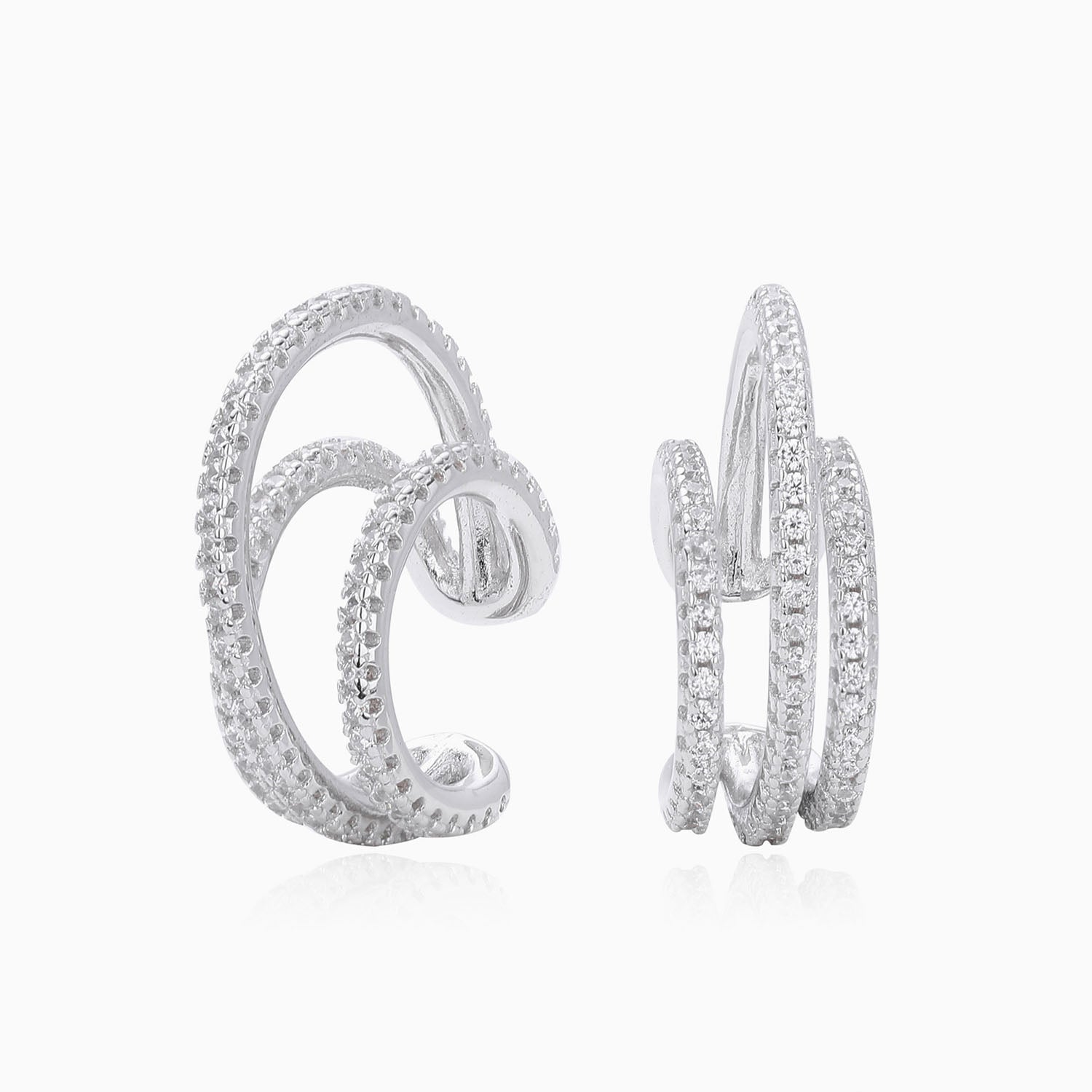 Pave Triple Row Ear Cuff Earrings - Silver