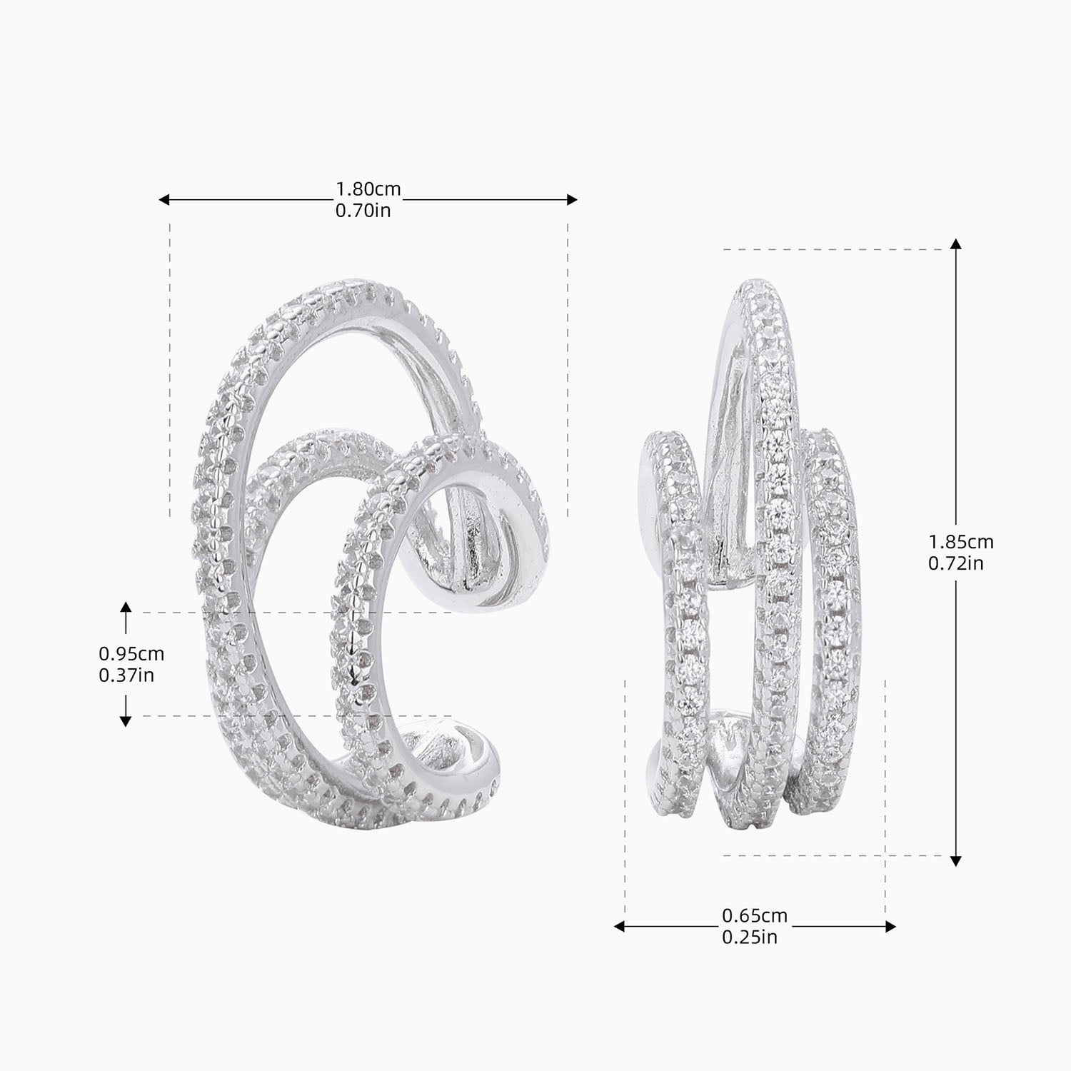 Pave Triple Row Ear Cuff Earrings - Silver