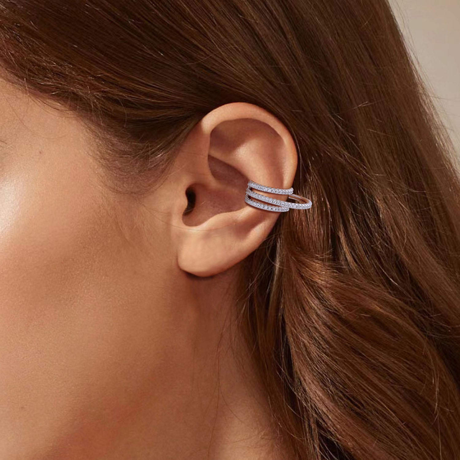 Pave Triple Row Ear Cuff Earrings - Silver