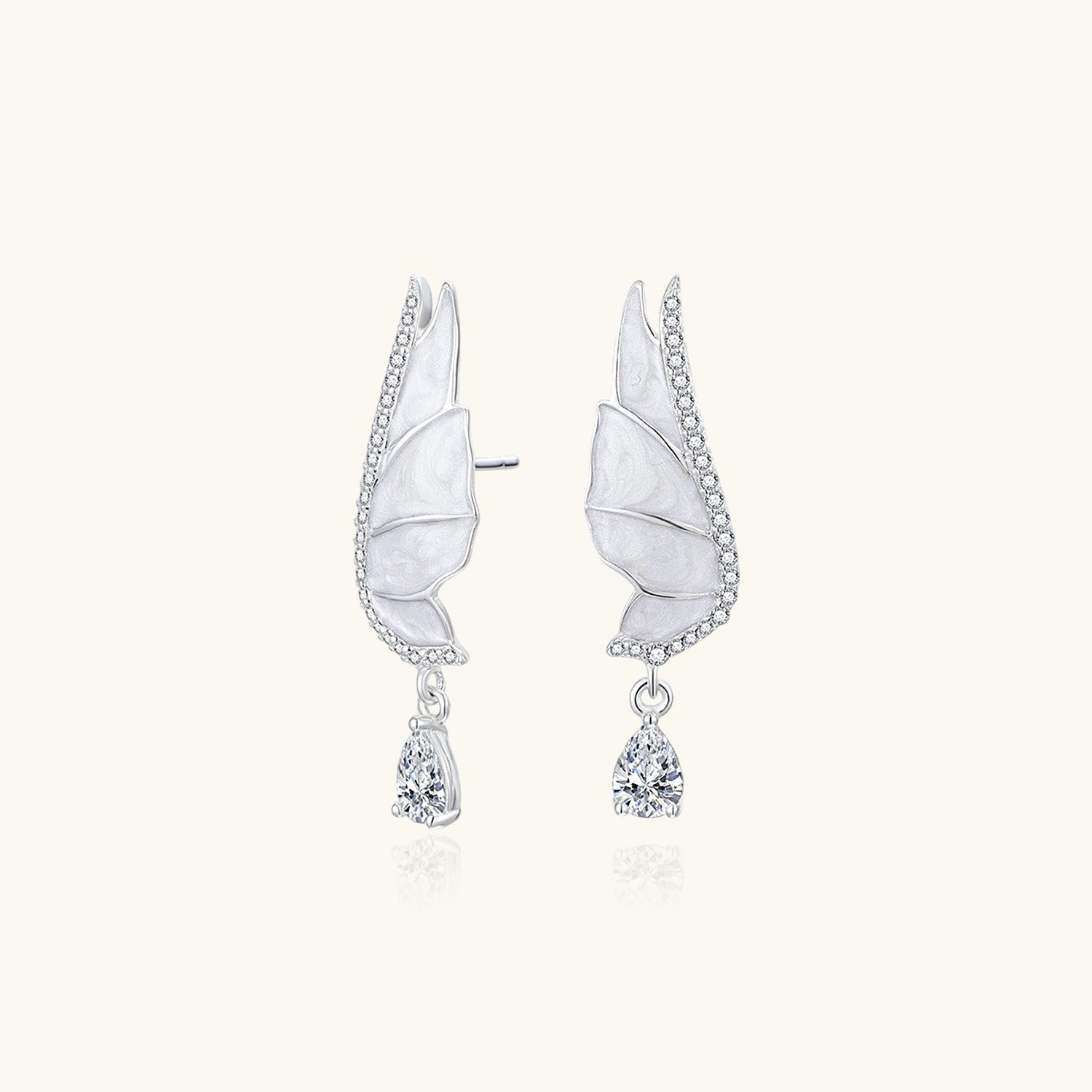 Pave Wing Pear Drop Earrings - Silver