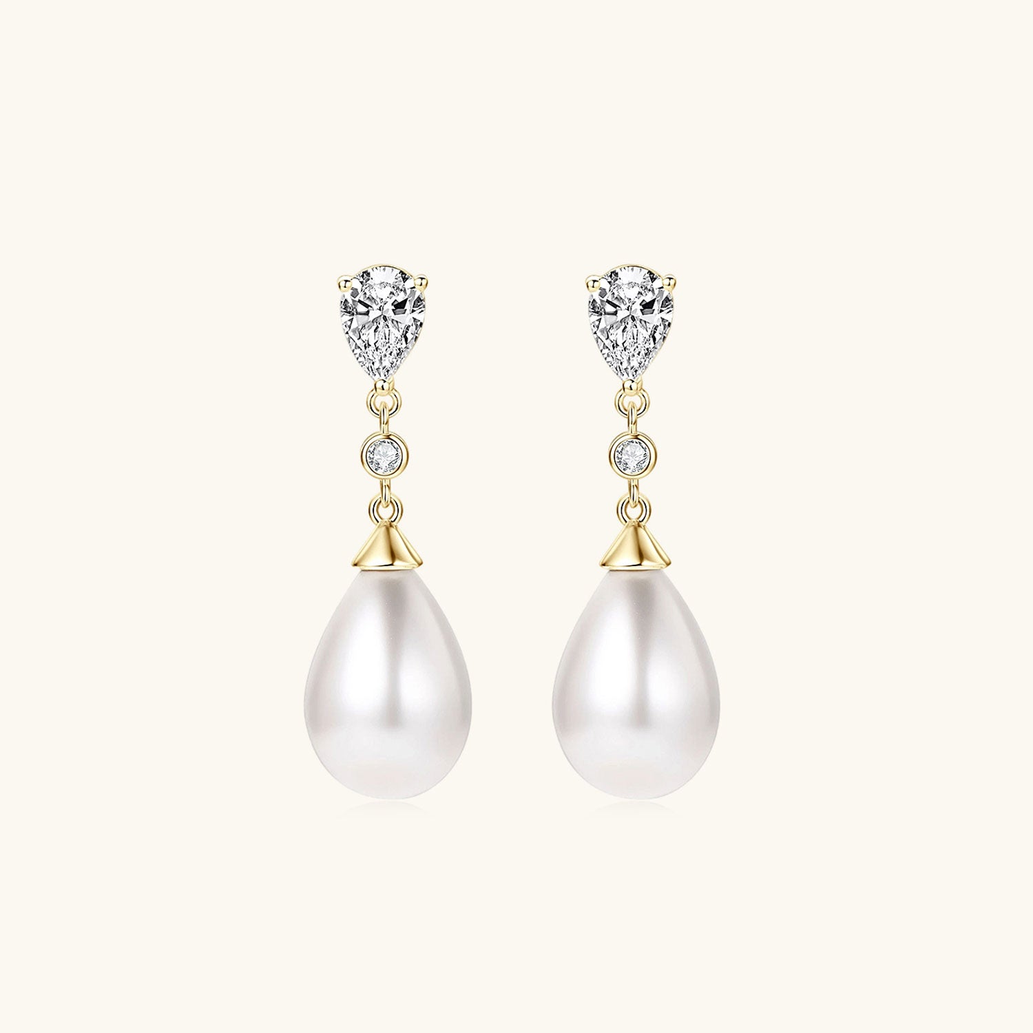 Pear Diamond Pearl Drop Earrings - Gold