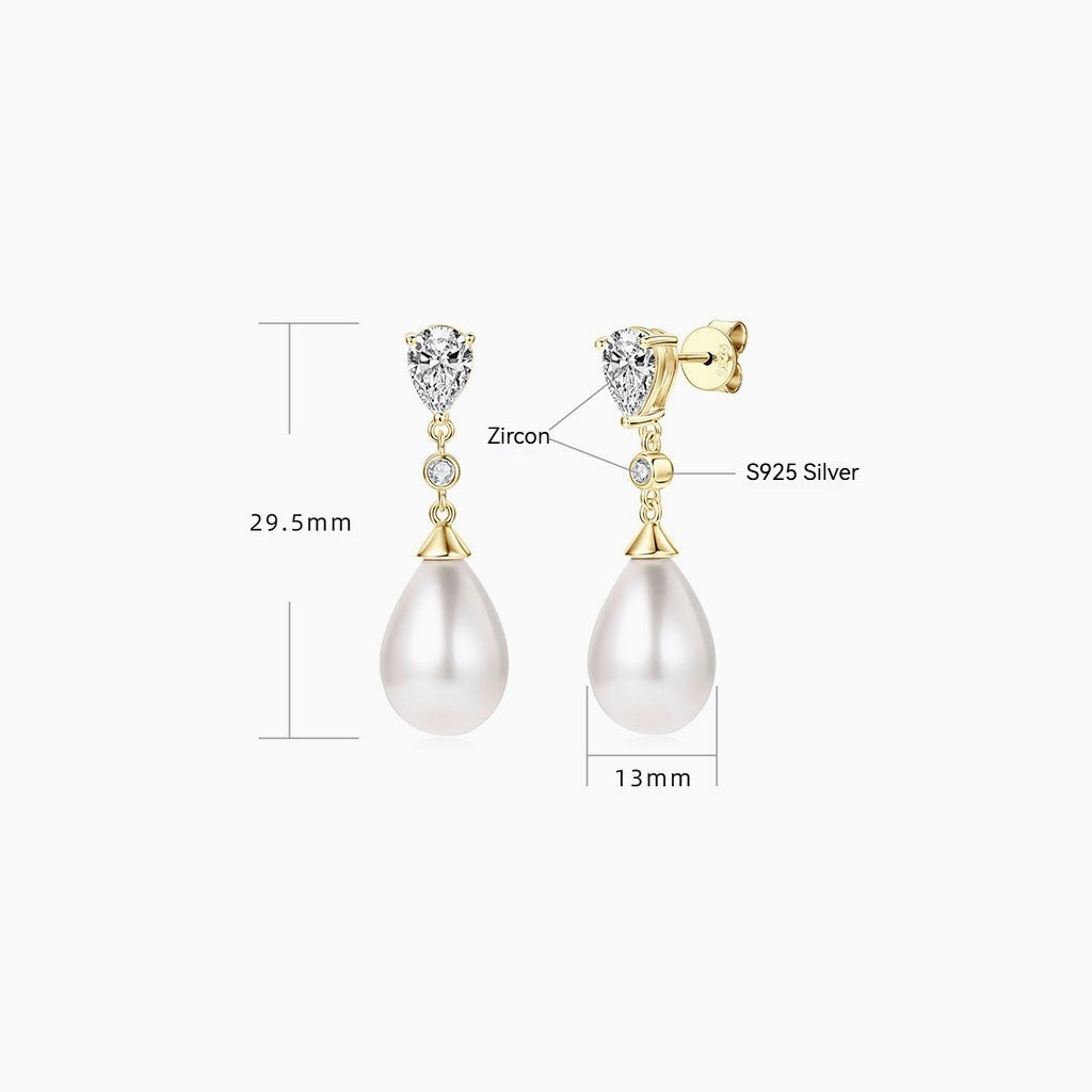 Pear Diamond Pearl Drop Earrings - Gold