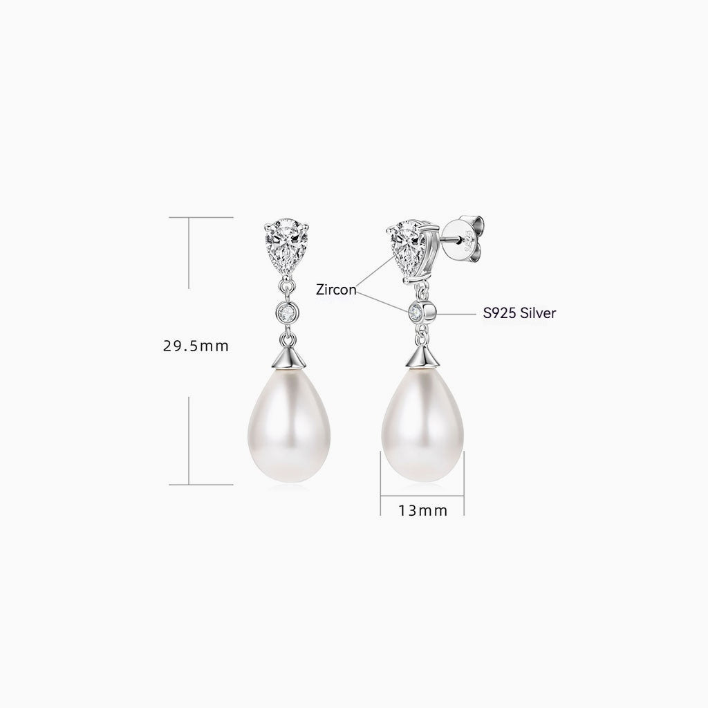 Pear Simulated Diamond Pearl Drop Earrings - Silver