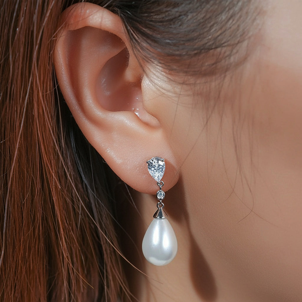Pear Simulated Diamond Pearl Drop Earrings - Silver